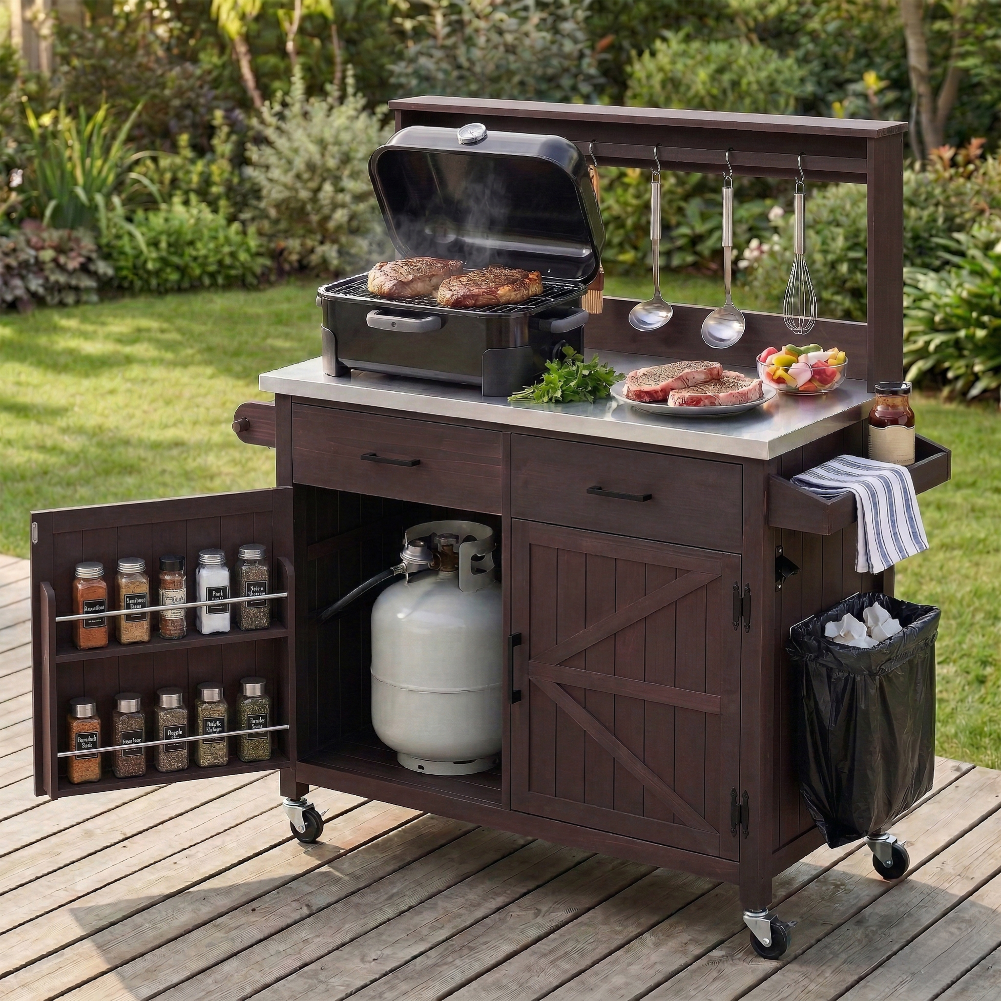 K&K 54.1″ Outdoor Kitchen Island with High Shelf, Large Outdoor Potting Bench Table with Stainless Steel Top and Storage Cabinet, Solid Wood Grill Cart With Lockable Wheels for BBQ, Garden, Brown