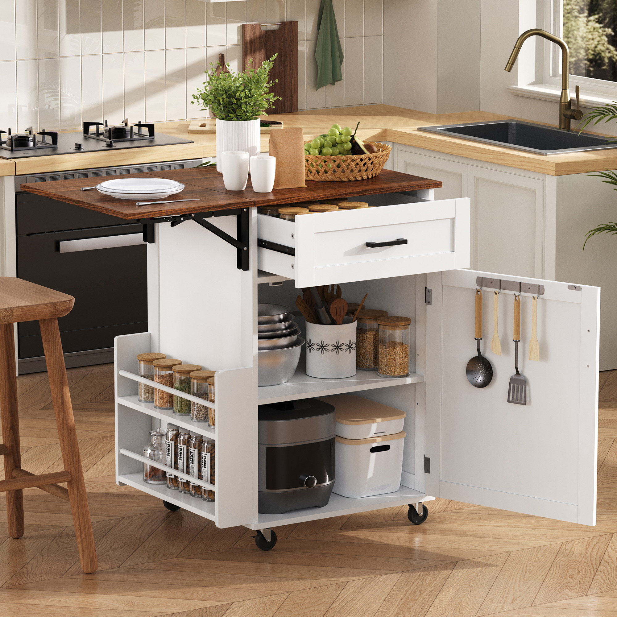 K&K 39.3″ Farmhouse Kitchen Island with Drop Leaf, Kitchen Storage Island with Open Side Rack, One Drawer, Towel Rack, Rolling Kitchen Cart with Lockable Wheels for Lawn Garden, White