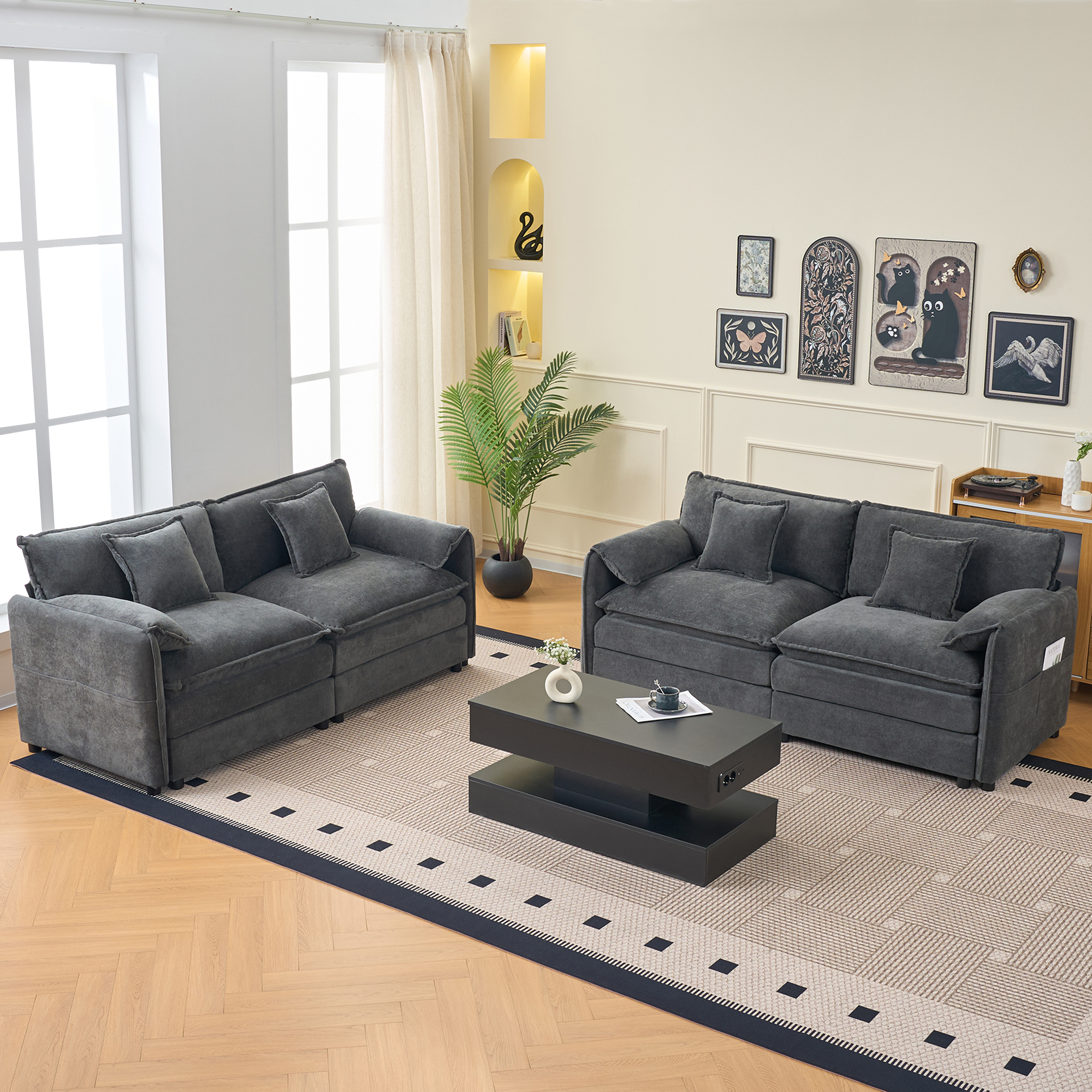 Oversized Deep Seat Luxury 2 Piece Sofa Set, 2 Pieces of Loveseat Sofa, Modern Chenille Comfy Cloud Couches Set for Living Room Office with 4 Pillows,DIY Combination,Grey