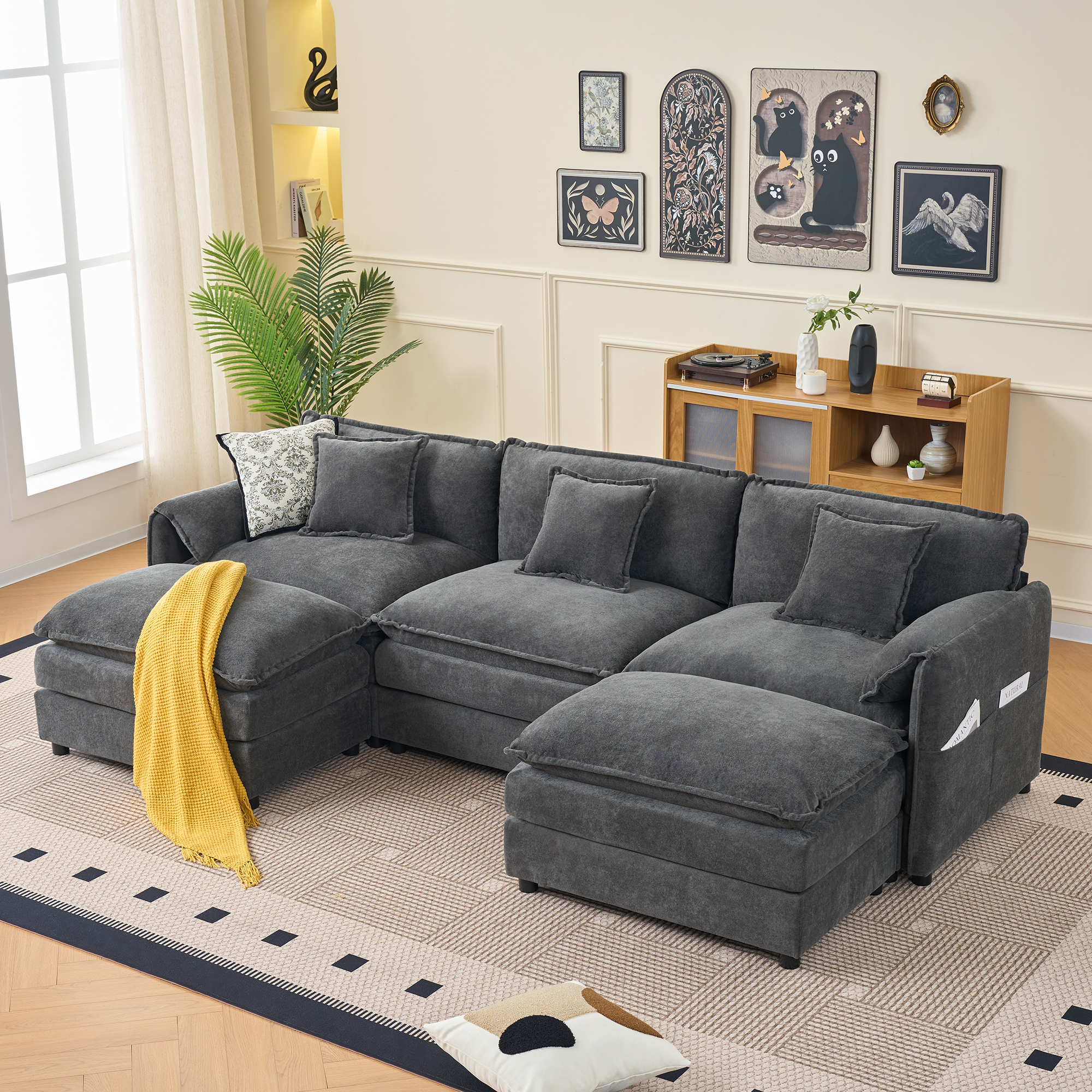 Modular Sectional Sofa, Oversized Deep Seat U Shaped Couch Set for Living Room, 3-Seater Comfy Cloud Couches with 2 Movable Ottomans, DIY Combination, Chenille,Grey