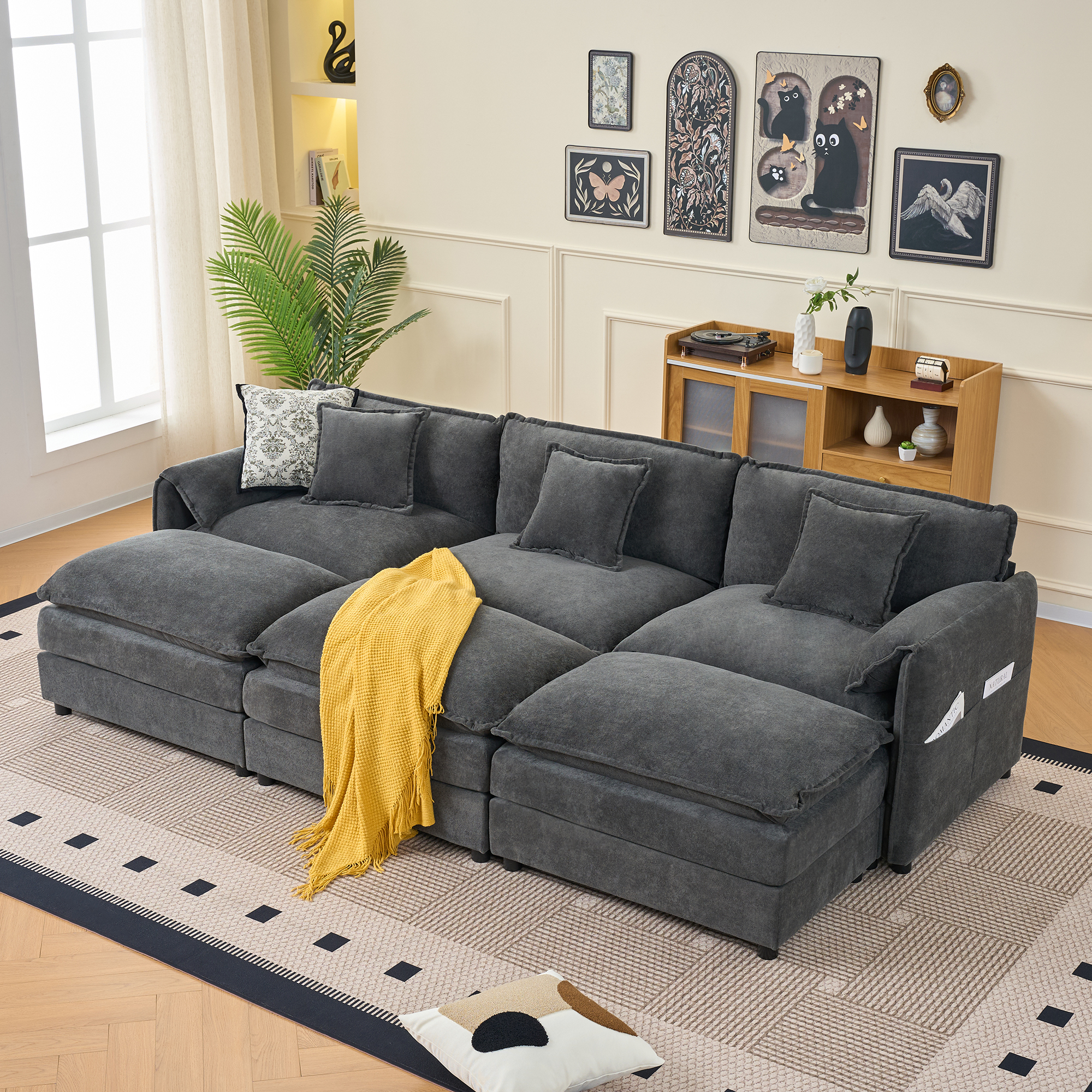 Oversized Deep Seat Sectional Cloud Sofa Sleeper with 3 Ottomans & Soft Pillows, Modular Couch Bed for Living Room, Apartment, DIY Combination Chenille,Grey