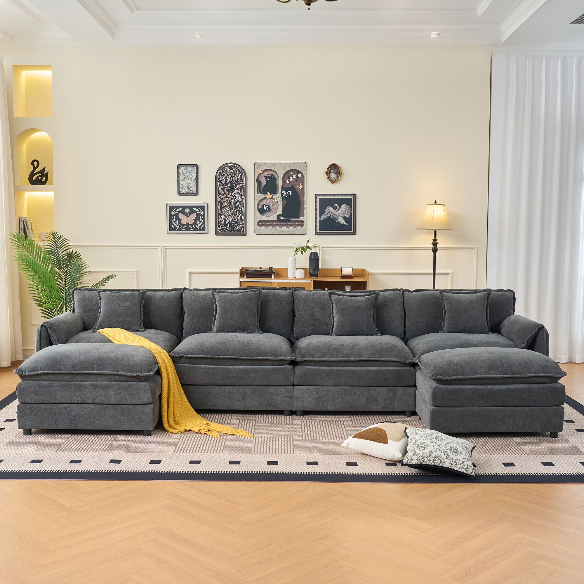 Modular Sectional Sofa, Oversized Deep Seat U Shaped Couch Set for Living Room, 4-Seater Comfy Cloud Couches with 2 Movable Ottomans, DIY Combination, Chenille,Grey