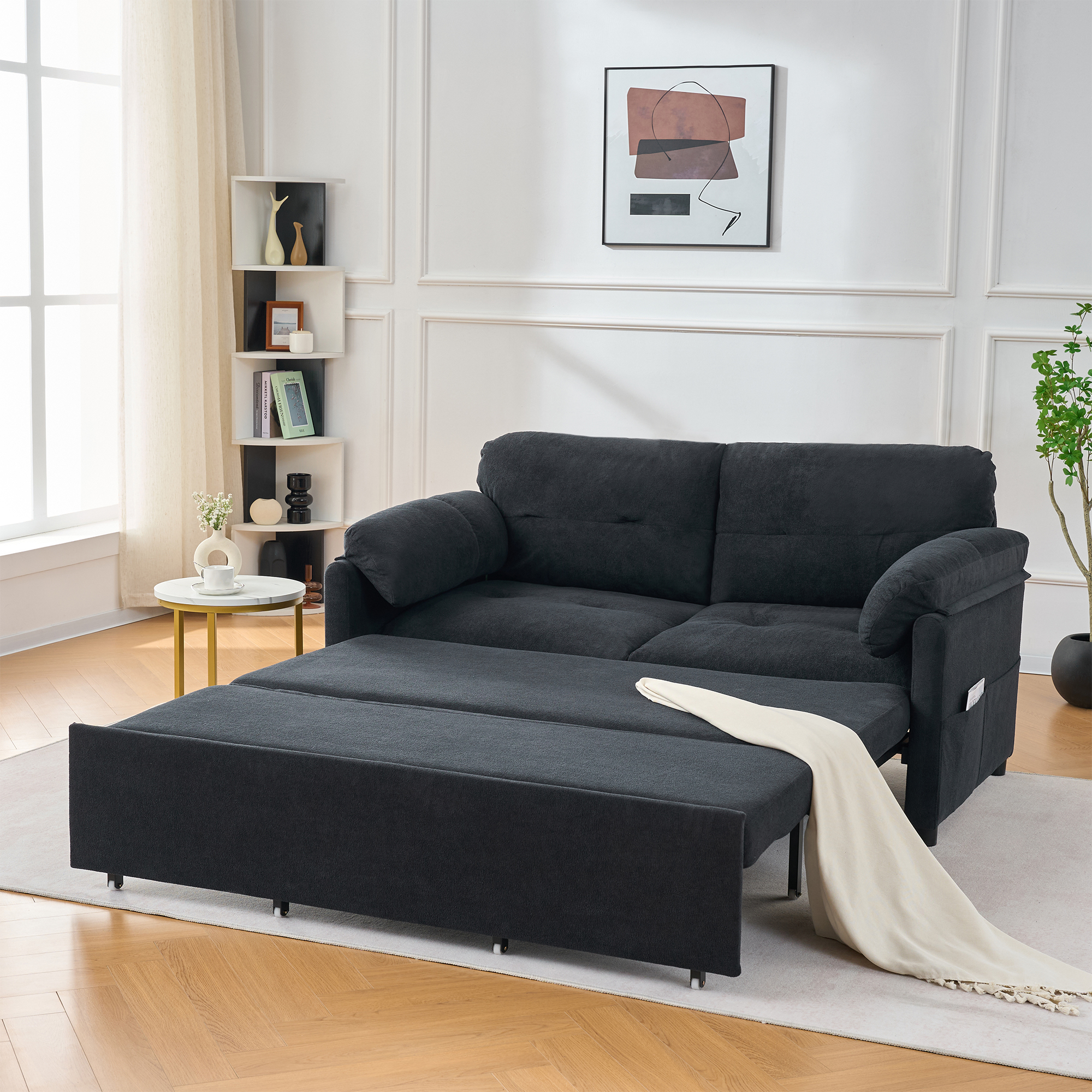 Convertible Pull Out Sofa Bed Queen Size, 3-in-1 Convertible Sleeper Couch with Thicked Cushions and Side Storage,Multi-Functional chenille Loveseat Sofa for Living Room,Bedroom,Apartment,Office,Black