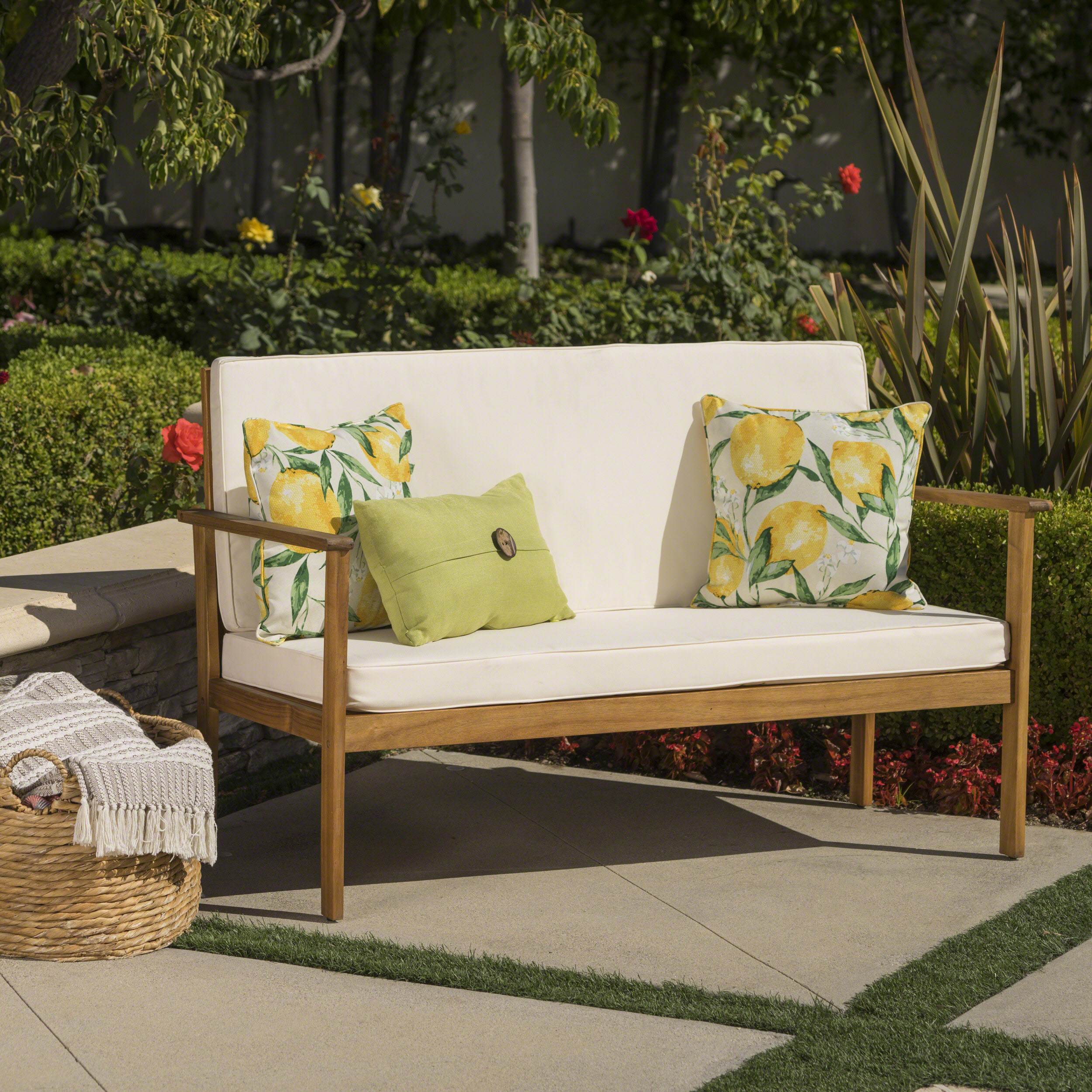 Beige Acacia Wood Loveseat with Water-Resistant Cushions, Outdoor Patio Furniture for Balcony & Garden