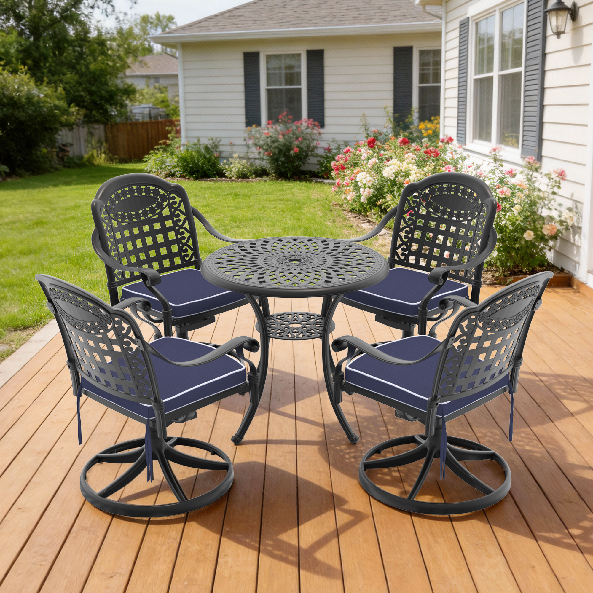 5-Piece All-Weather Cast Aluminum Dining Set, Include 4 Swivel Chairs and 30.71″ Round Table With Black Frame