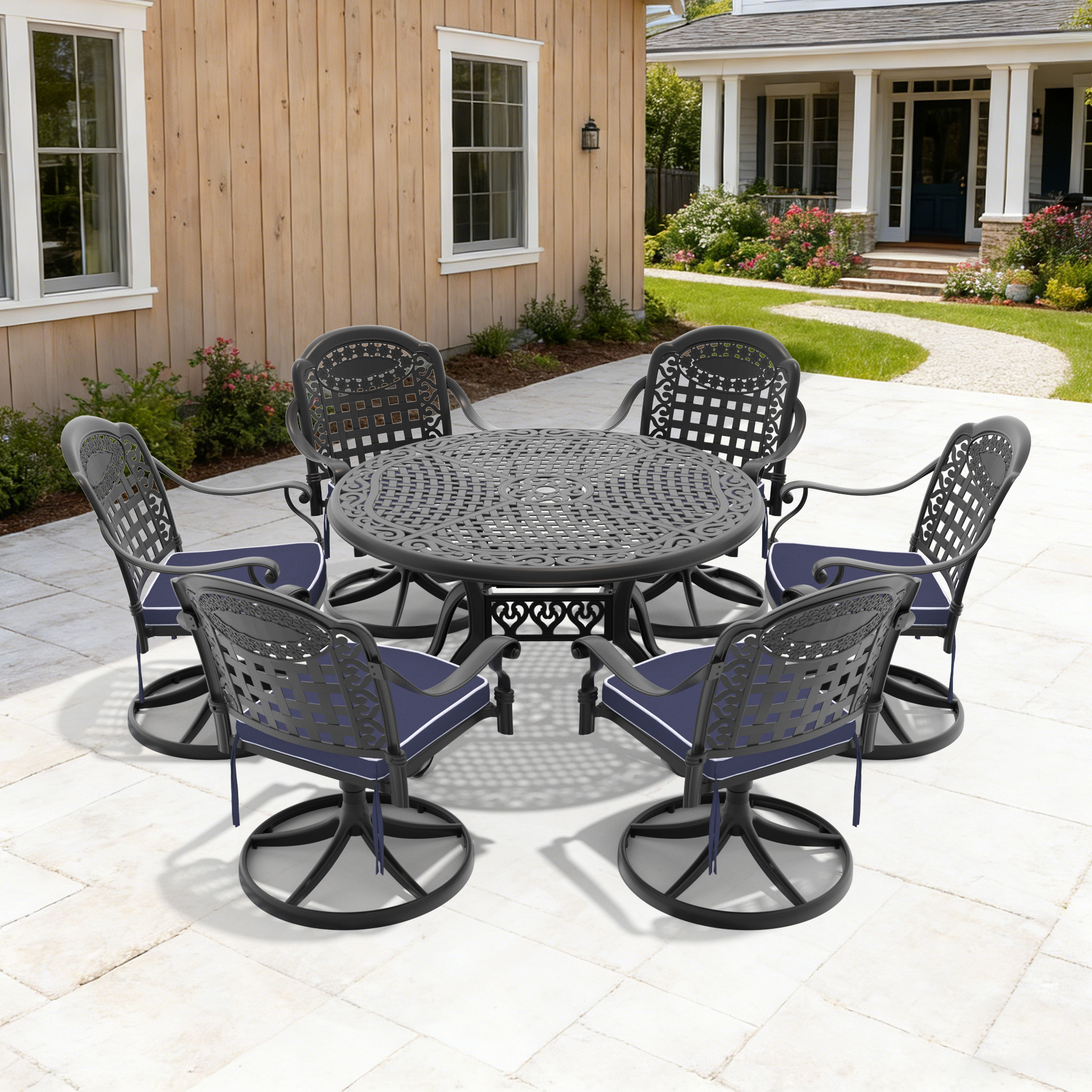 7-Piece All-Weather Cast Aluminum Dining Set, Include 6 Swivel Chairs and 48.03″ Round Table With Black Frame