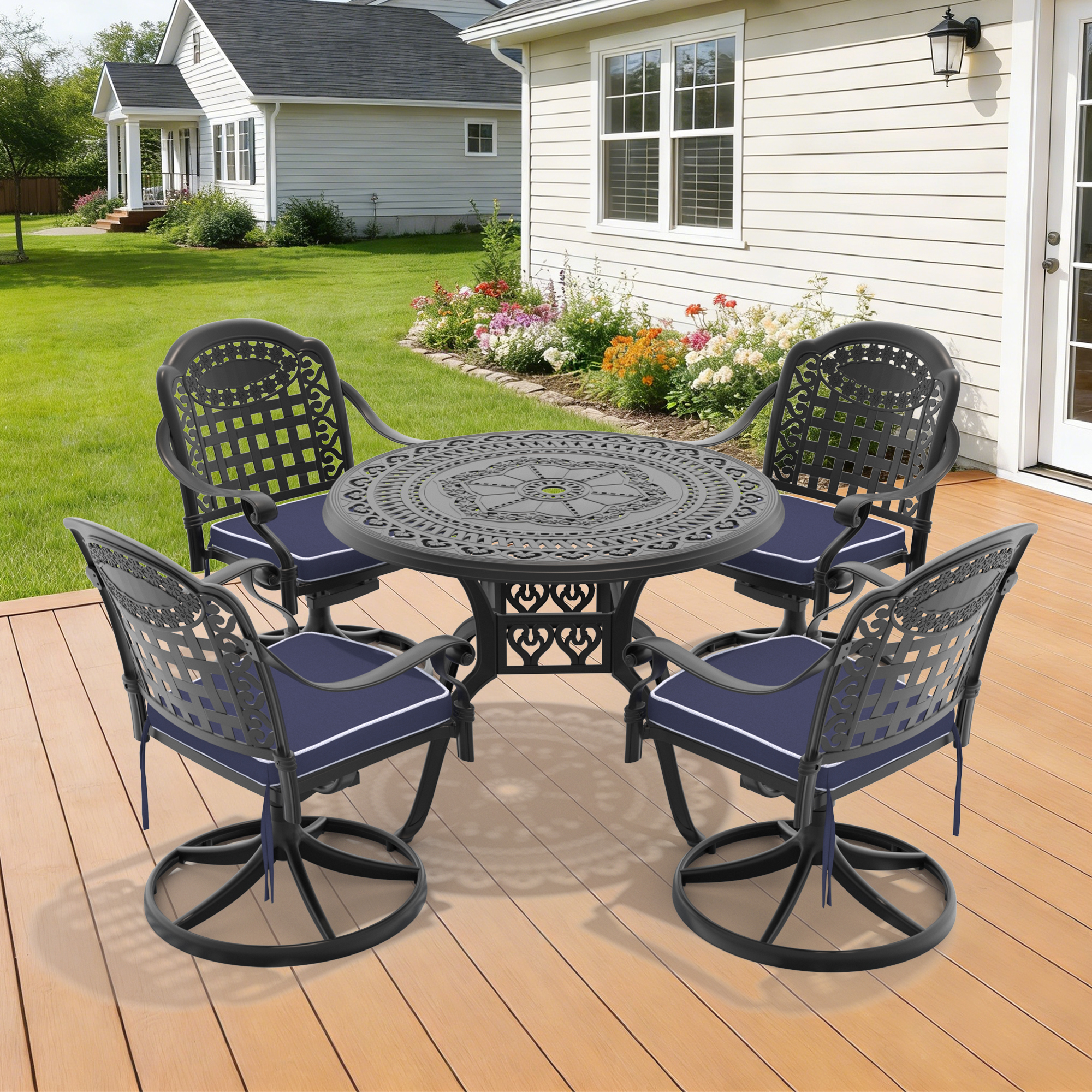 5-Piece All-Weather Cast Aluminum Dining Set, Include 4 Swivel Chairs and 39.37″ Round Table With Black Frame