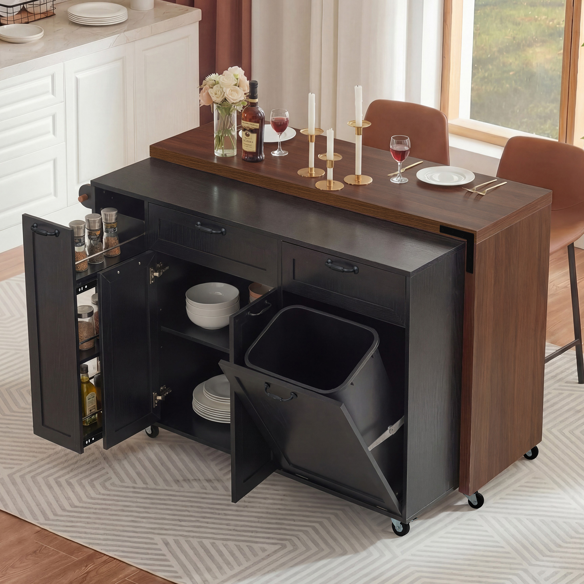 K&K 102.3″ Kitchen Island with Extendable Dining Table, Kitchen Rolling Island Cart with Trash Storage Cabinet, 3-Tier Pull-Out Spice Rack, Mobile Island Table on Wheels for Kitchen, Dining Room,Black