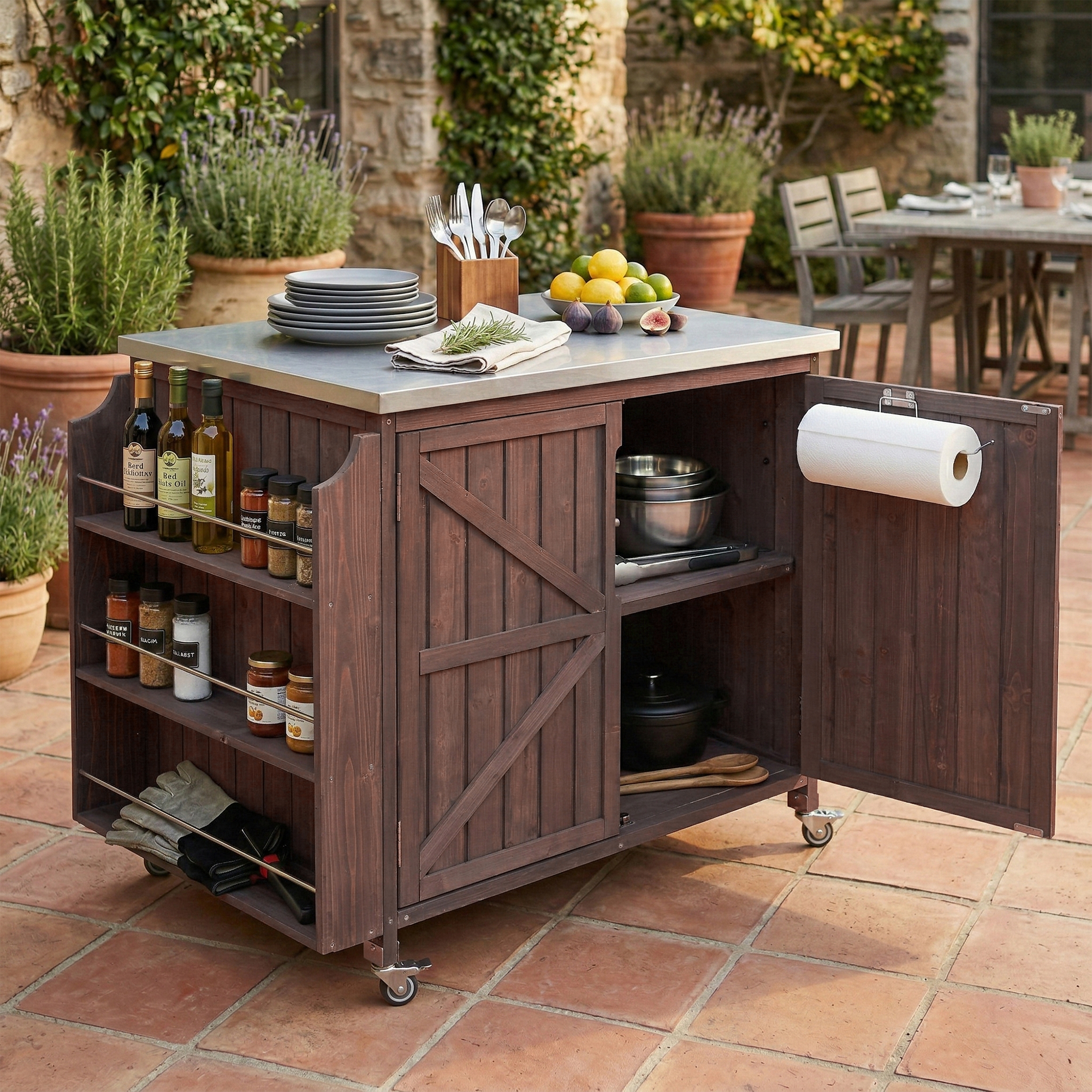 K&K 42.1″ Outdoor Kitchen Island with Side Shelf, Outdoor Grill Cart with Storage Cabinet, Outdoor Kitchen Cabinet with Stainless Steel Top, Adjustable Shelf and 4 Wheels for Pizza Prep, Dark Brown
