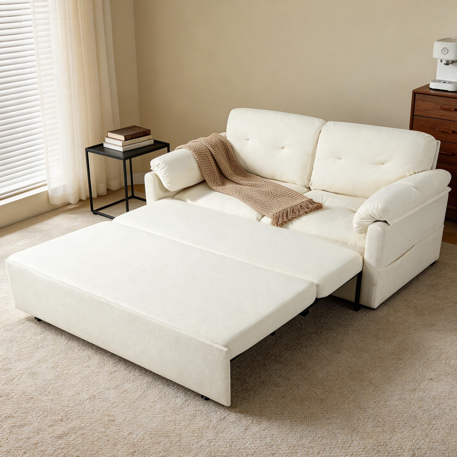 (Old:W3163P269692) Convertible Pull-Out Queen Sleeper Sofa, 3-in-1 Sofa Bed with Side Storage & 8 Silent Casters, Thick Padded Chenille Loveseat for Living Room, Bedroom, Apartment,Beige