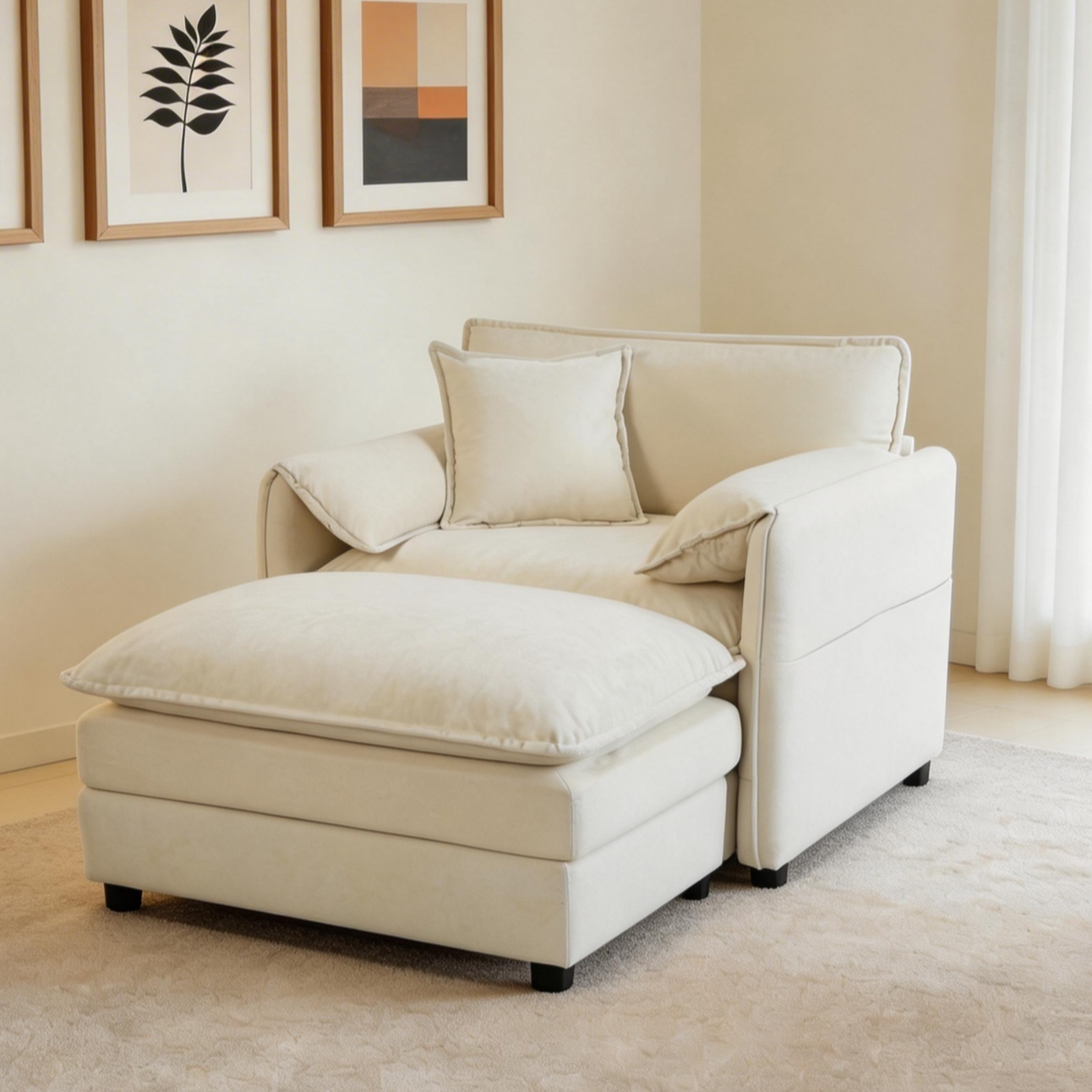 (Old:W3163S00001) Oversized 57.48″ Recliner Chair with Movable Ottoman – Soft Chenille Upholstered Indoor Lounge Chair for Living Room or Bedroom,DIY Combination,Beige