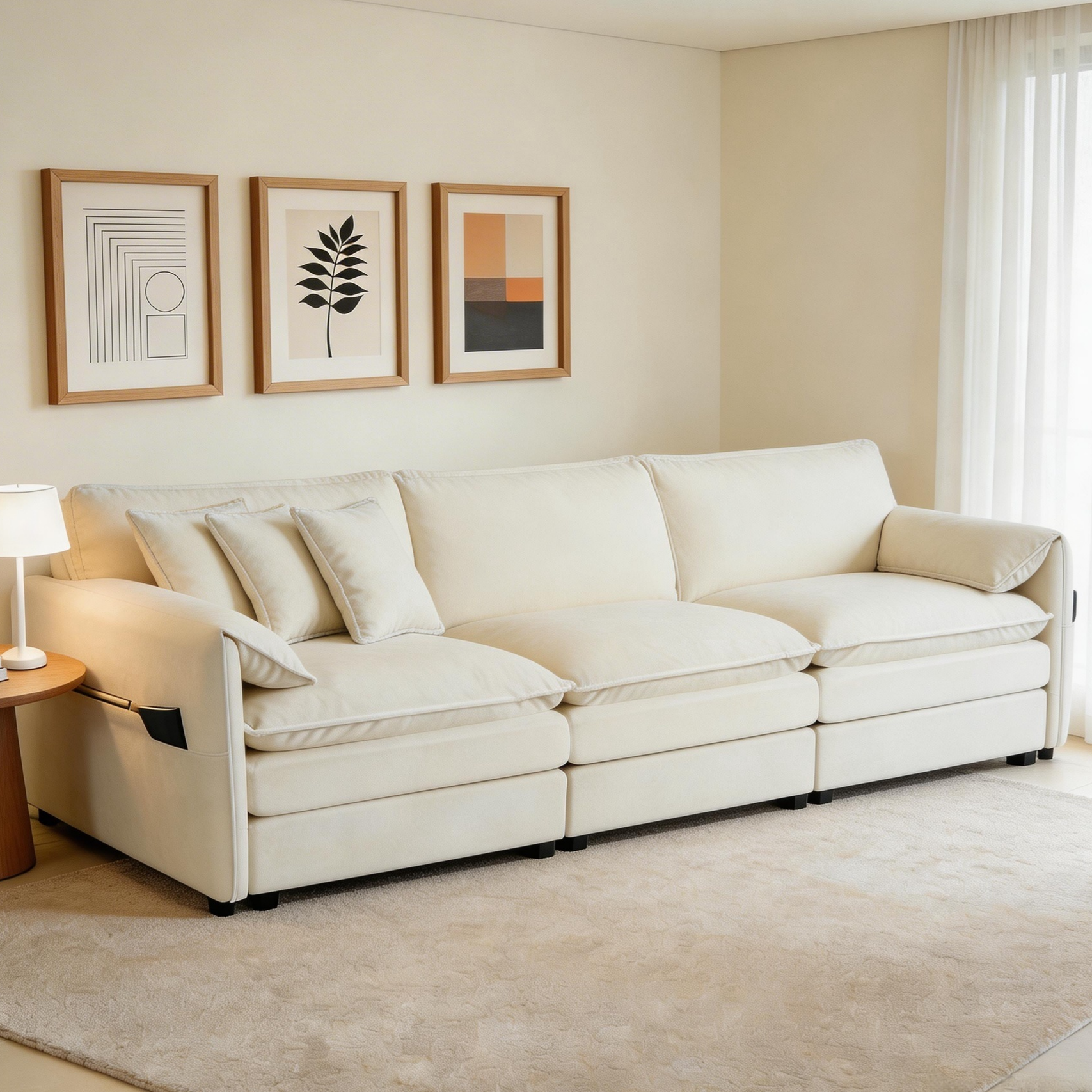 (Old:W3163S00016) Oversized Deep Seat Sectional Sofa, Modern Chenille Cloud Couch, Large 3 Seater Modular Sofa with 3 Pillows for Living Room Bedroom Apartment Office,DIY Combination,Chenille,Beige