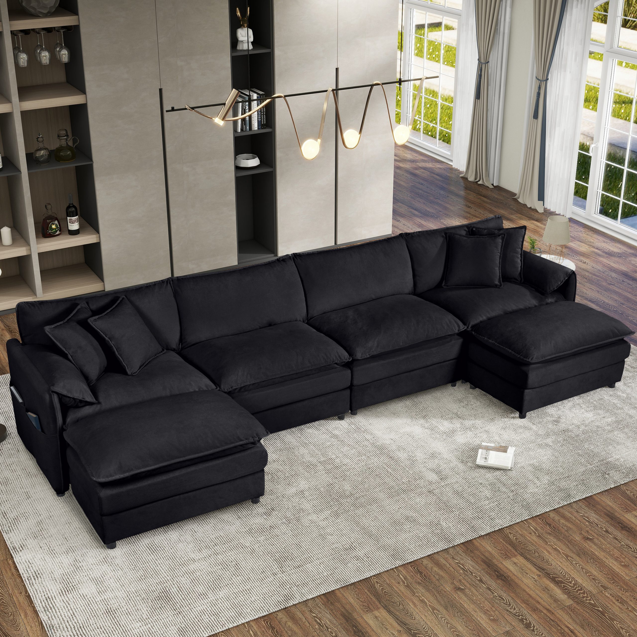 Modular Sectional Sofa, Oversized Deep Seat U Shaped Couch Set for Living Room, 4-Seater Comfy Cloud Couches with Two Movable Ottomans, DIY Combination, Chenille,Black