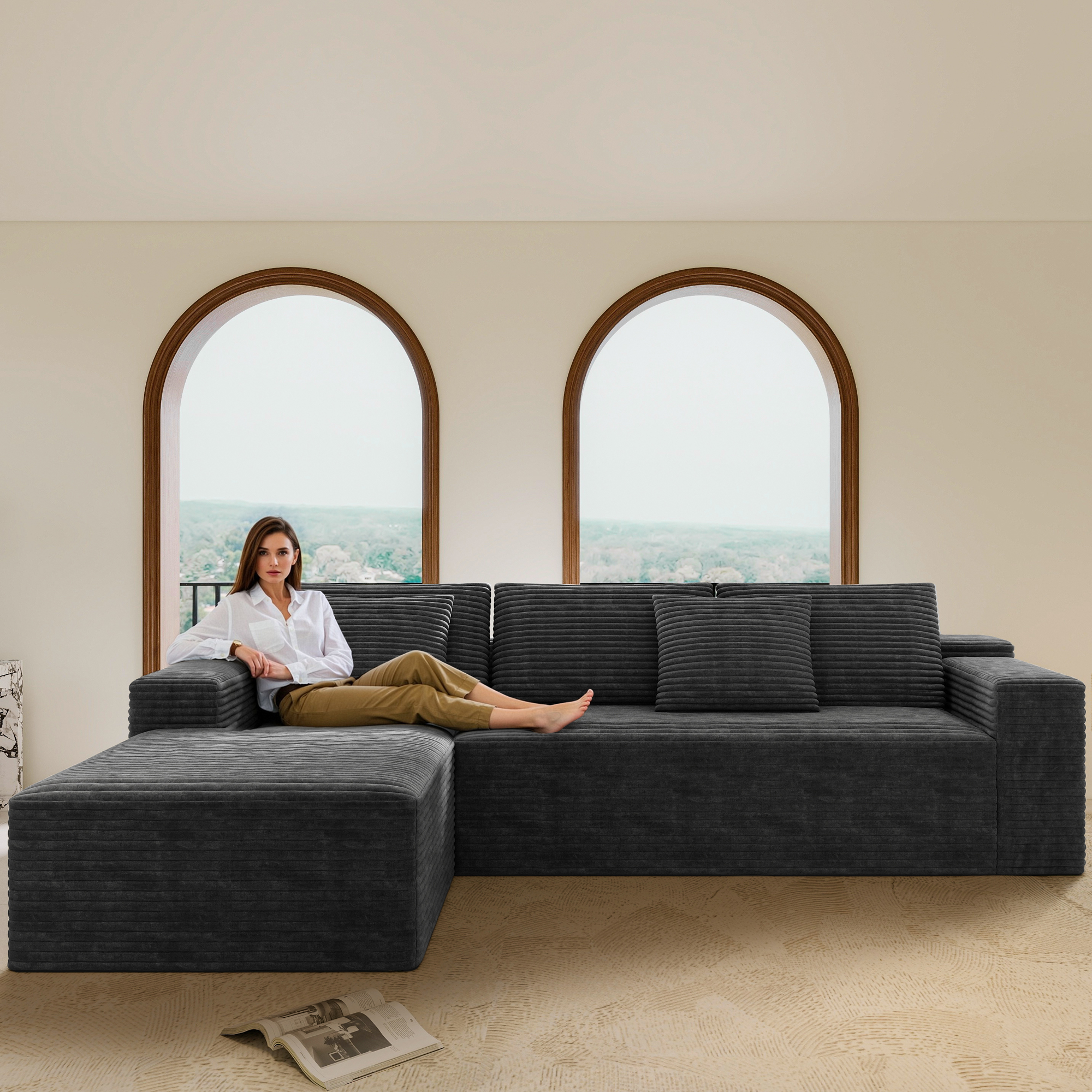 104.3*68.9″Modular sectional sofa seat,Upholstered compressed couch for living room,Bedroom,Apartment,No assembly required,2PC free combination,Plush corduroy fabric,GREY
