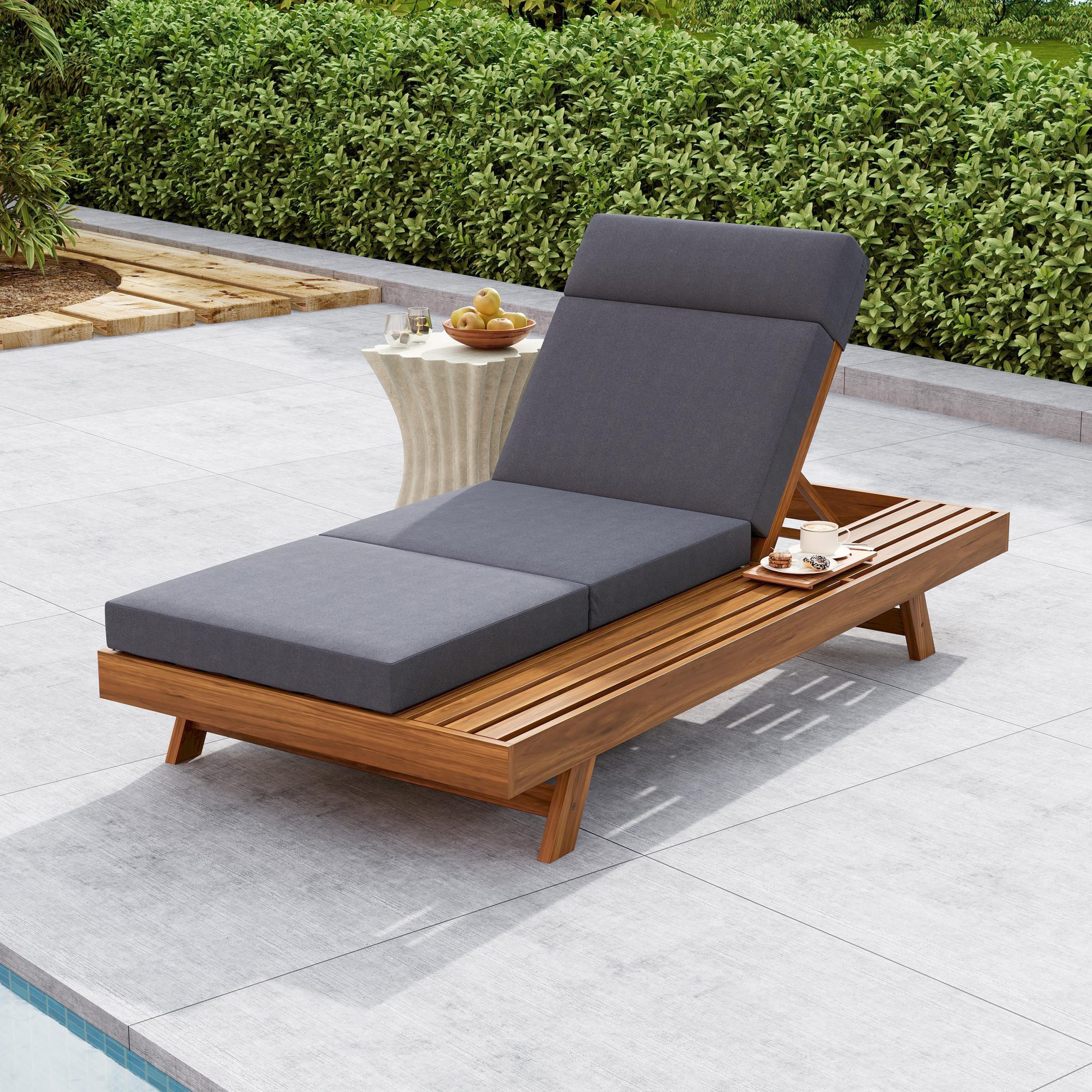 LOUNGE CHAISE SET WITH HEADREST,SPACE AVAILABLE ON ONE SIDE, ACACIA WOOD WITH WATER-RESISTANT LOUNGE CUSHIONS (DARK GREY & 3-FOLD & 4 inch) – MATCHING CREAM/BEIGE VERSION AVAILABLE