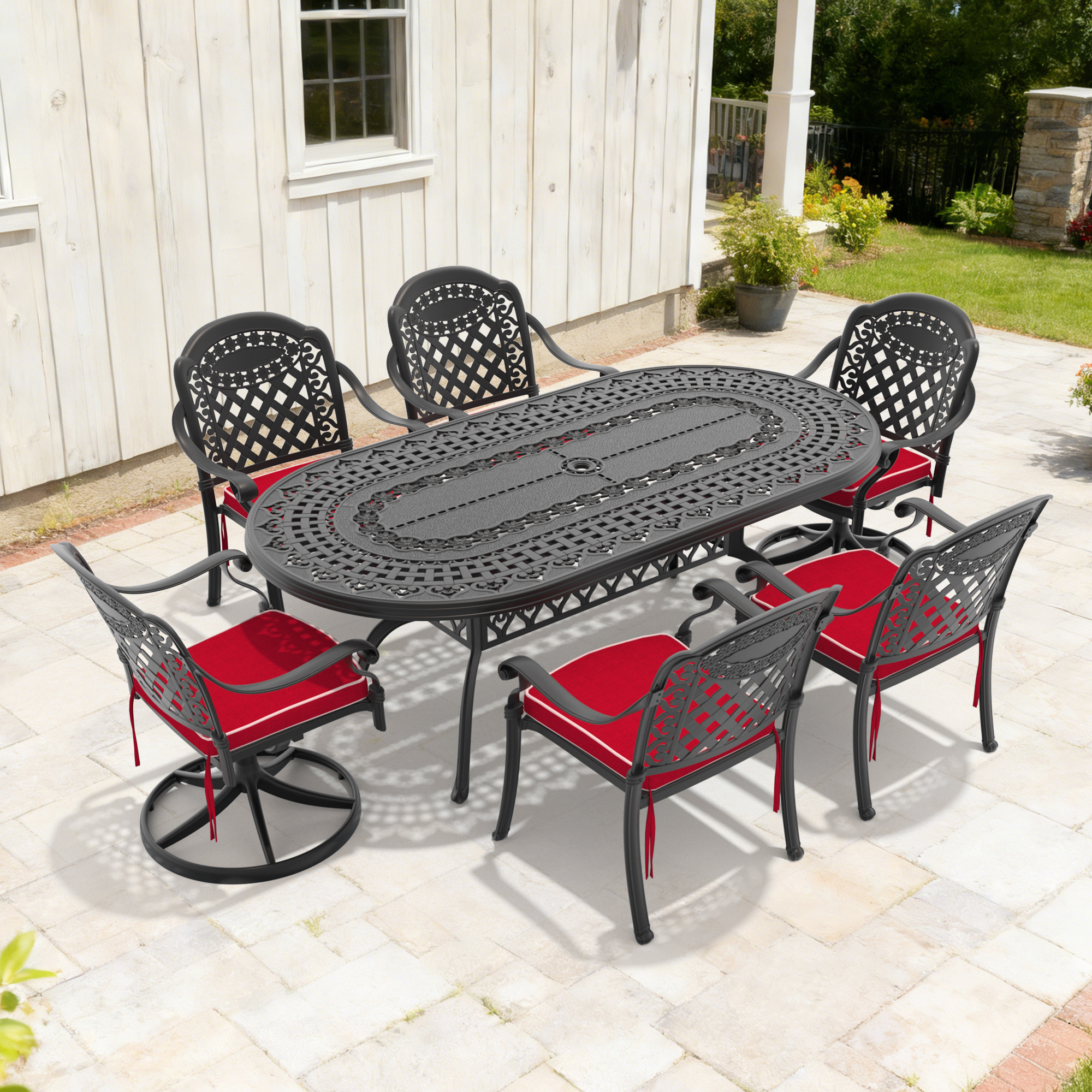 7-Piece All-Weather Cast Aluminum Dining Set, Include 2 Swivel Chairs,4 Dining Chairs and Oval Table With Black Frame