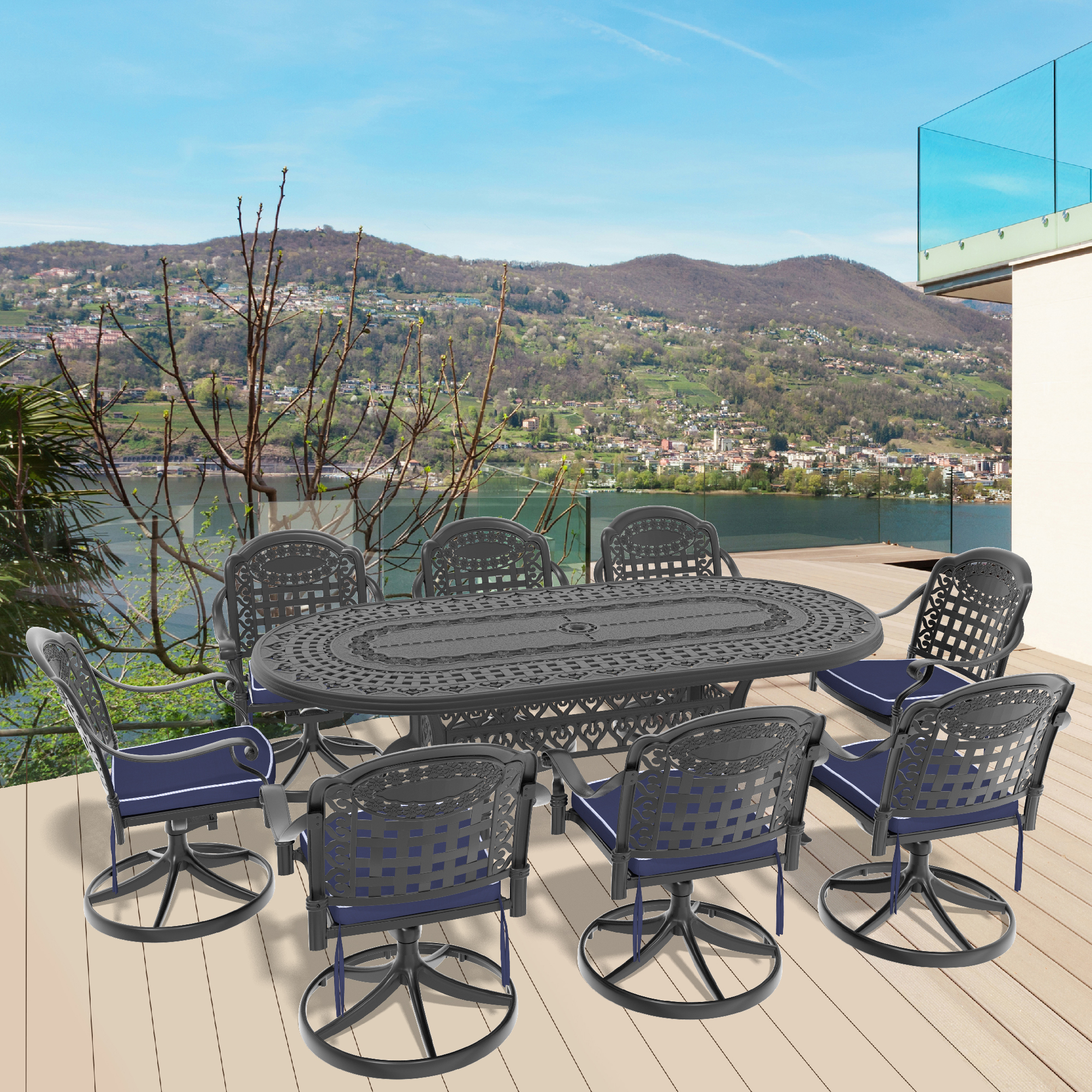 9-Piece All-Weather Cast Aluminum Dining Set, Include 8 Swivel Chairs and Oval Table With Black Frame (same sku:W1710S00360 , W1710S00470)