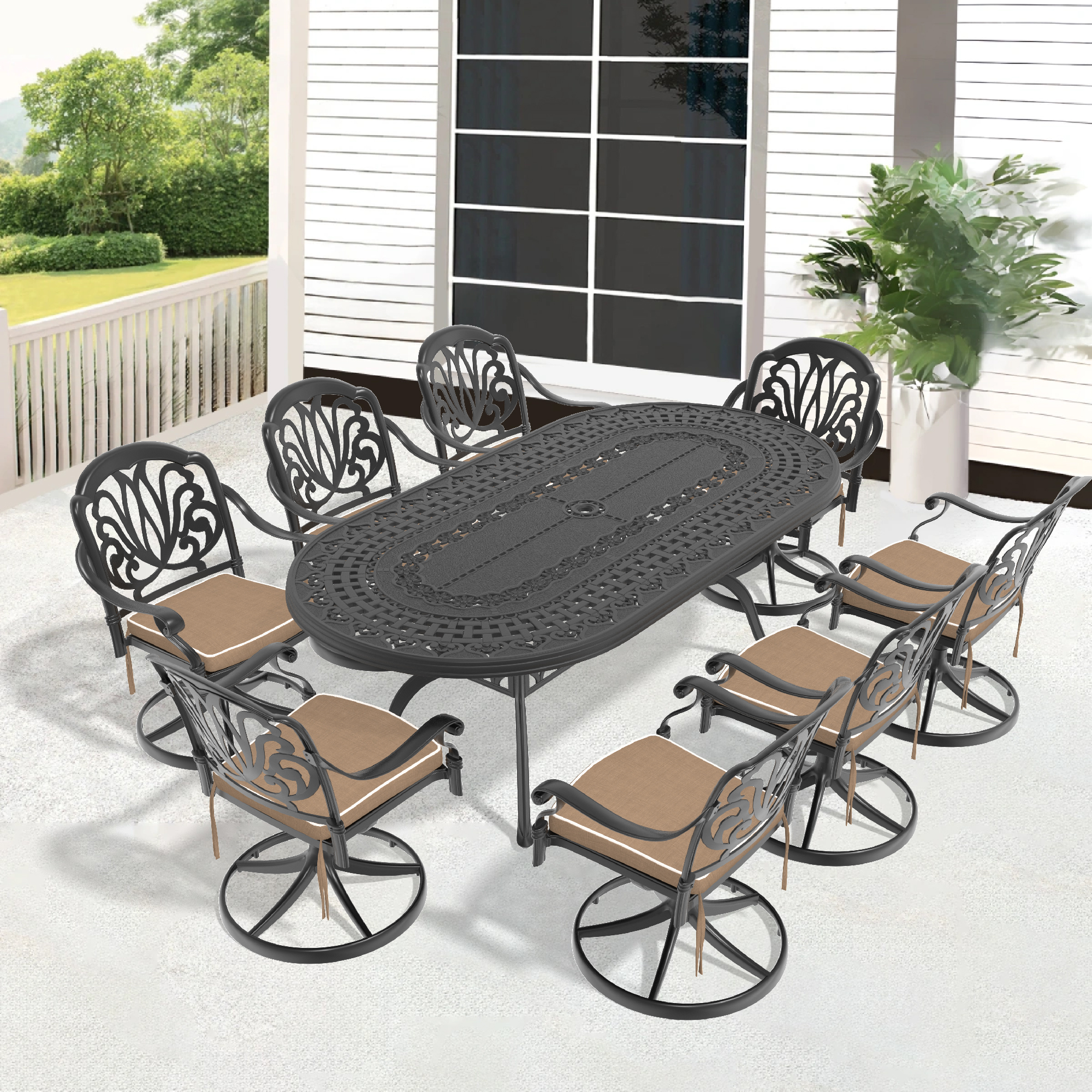 9-Piece All-Weather Cast Aluminum Dining Set, Include 8 Swivel Chairs and Oval Table With Black Frame (same sku:W1710S00288)
