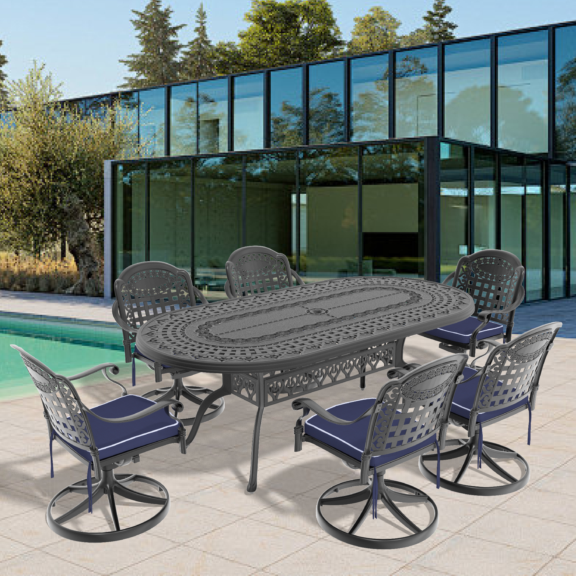 7-Piece All-Weather Cast Aluminum Dining Set, Include 6 Swivel Chairs and Oval Table With Black Frame (same sku:W1710S00359)