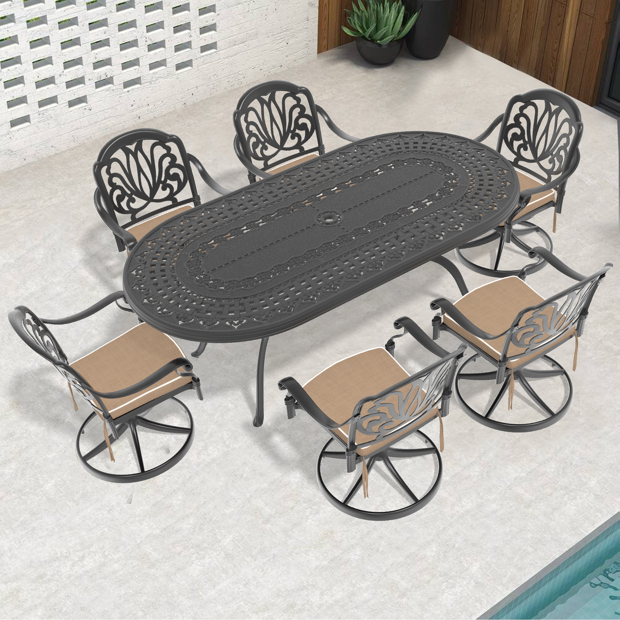 7-Piece All-Weather Cast Aluminum Dining Set, Include 6 Swivel Chairs and Oval Table With Black Frame (same sku:W1710S00287)