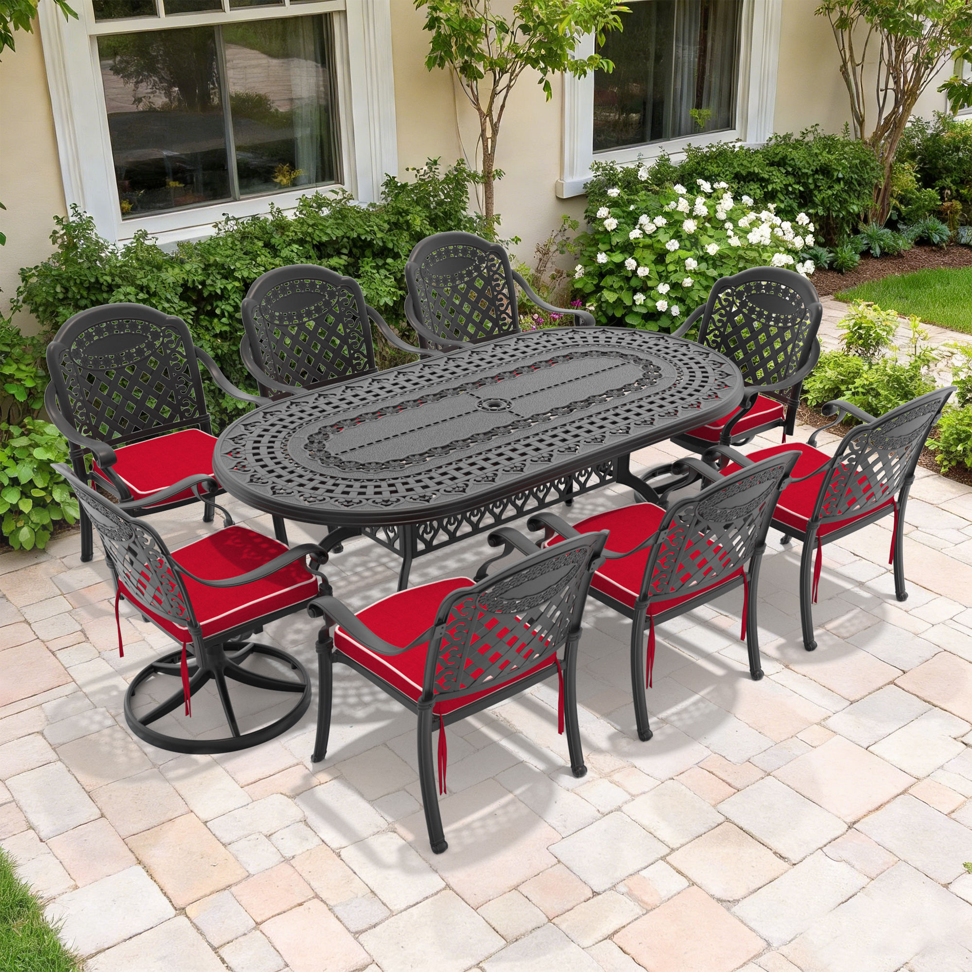 9-Piece All-Weather Cast Aluminum Dining Set, Include 2 Swivel Chairs,6 Dining Chairs and Oval Table With Black Frame