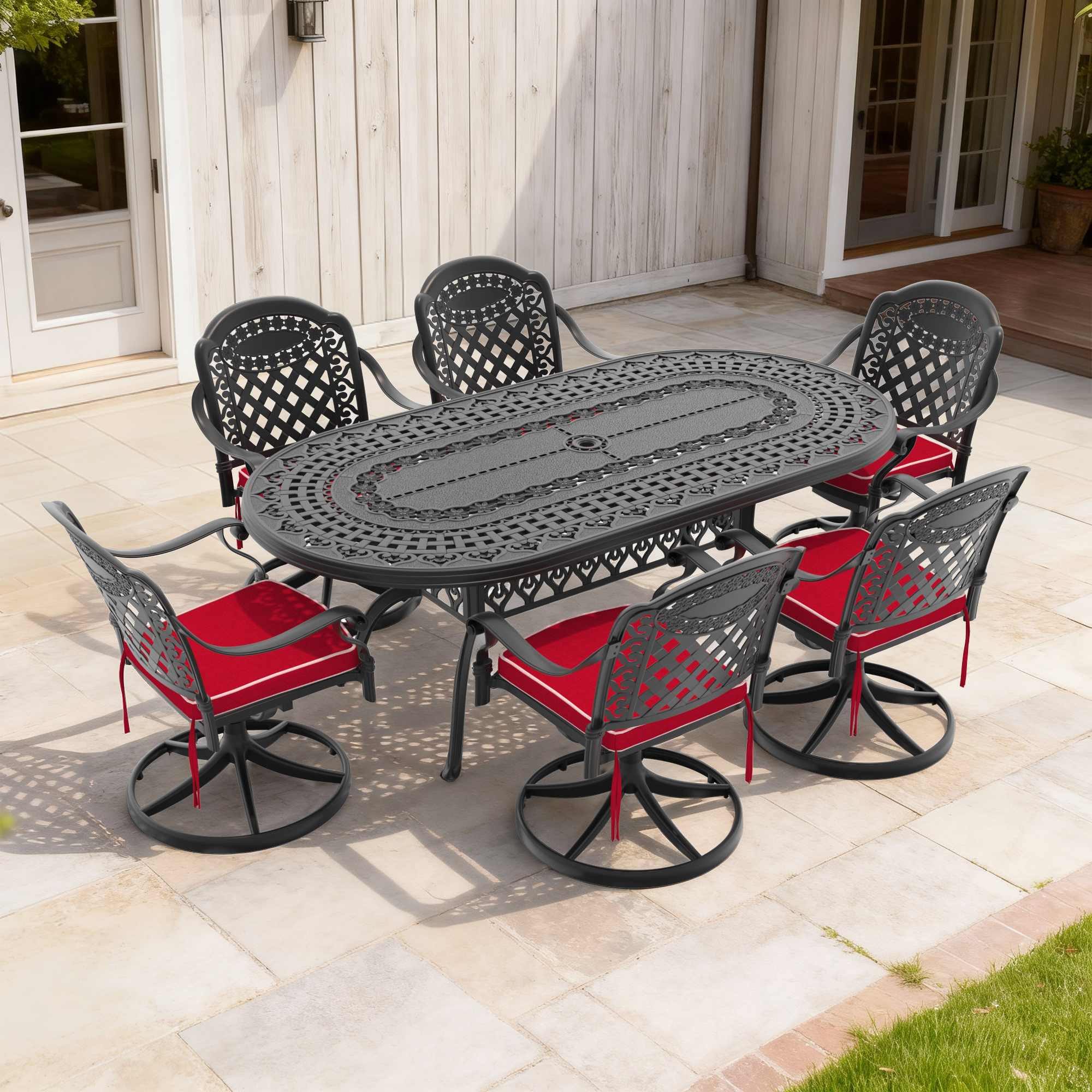 7-Piece All-Weather Cast Aluminum Dining Set, Include 6 Swivel Chairs and Oval Table With Black Frame
