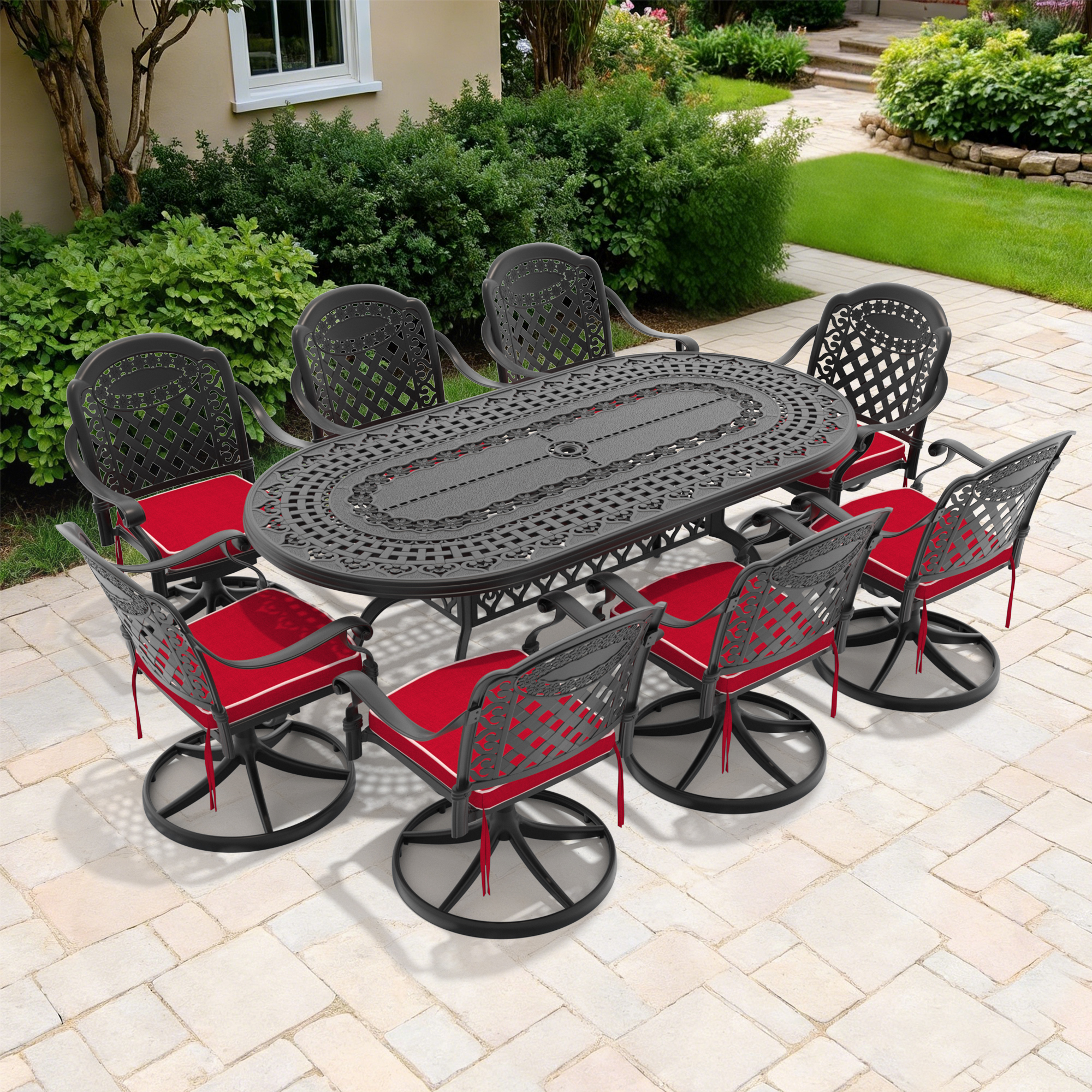 9-Piece All-Weather Cast Aluminum Dining Set, Include 8 Swivel Chairs and Oval Table With Black Frame