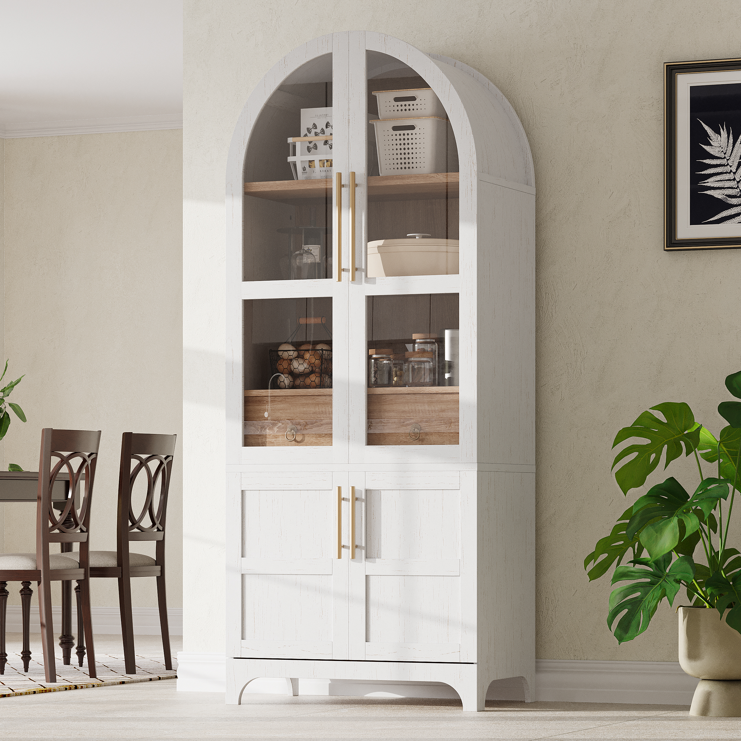 K&K 71″ Tall Arched Kitchen Pantry Cabinet with Door Shelves, Farmhouse Kitchen Storage Cabinet with Open & Adjustable Shelves, Hidden Drawer & Glass Door, Cupboard for Kitchen, Dining Room, White