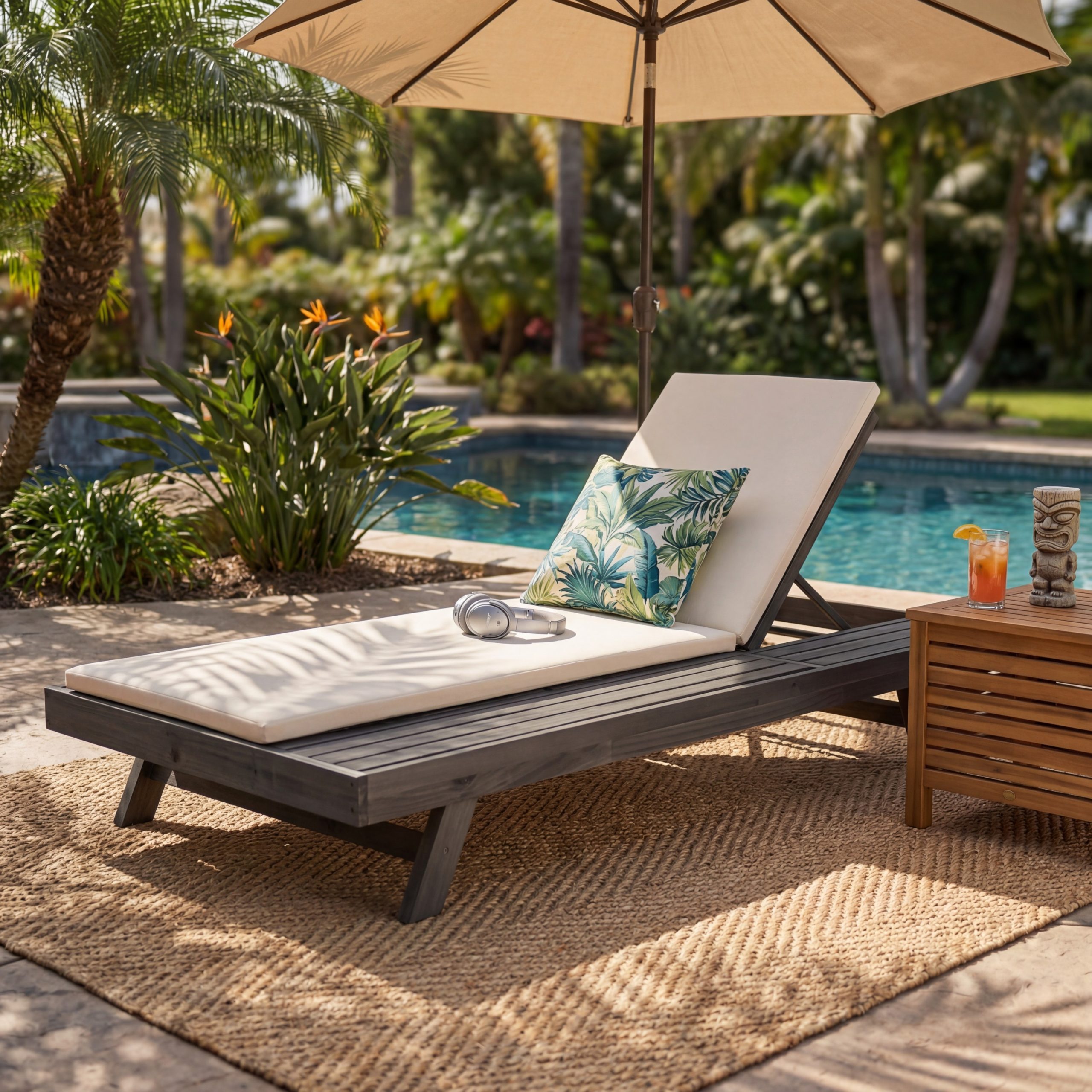 Lounge Chaise Set, Space Available On One Side, Acacia Wood In Black With Water-Resistant Lounge Cushions (Cream & 2 Inch Thick) – Matching Dark Grey/Leaf Coconut Version Available