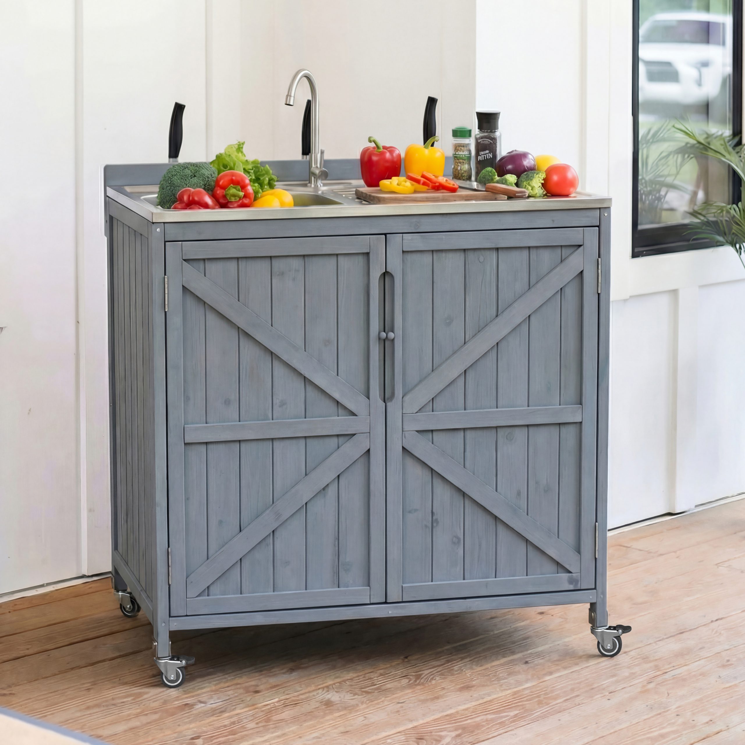 K&K 39.4″ Outdoor Kitchen Island with Sink, Outdoor Kitchen Sink Station w/ 304 Stainless Steel Sink, Hose Hook Up & Faucet, Outdoor Kitchen Cabinet w/ Back Splash & 4 Wheels for Pizza Prep,Grey Blue