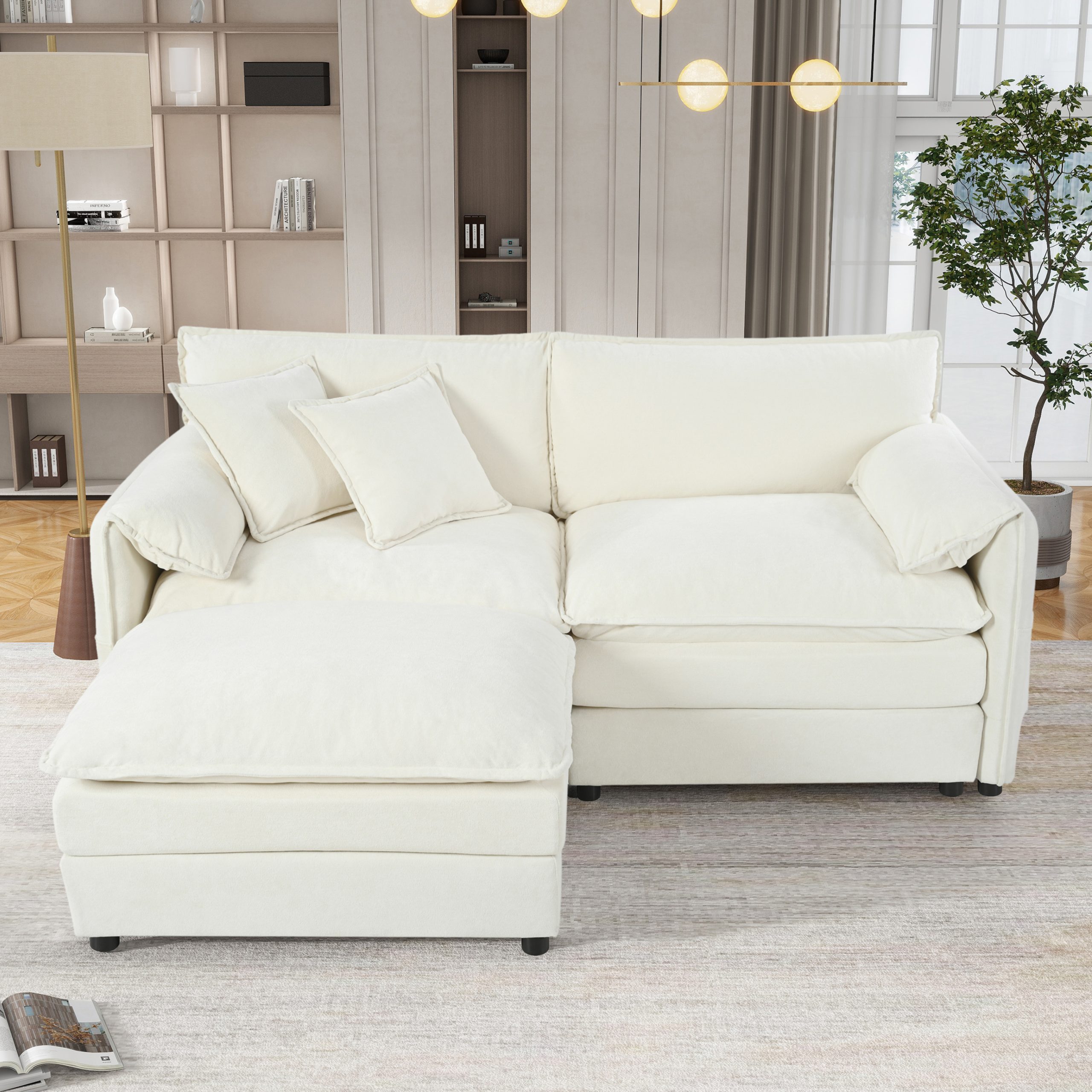Deep Seat Sectional Sofa Cloud Couch with Ottoman, Modern Chenille Comfy Love Seat Upholstered Modular L Shaped Couch for Living Room, Apartment, Office,DIY Combination,Beige