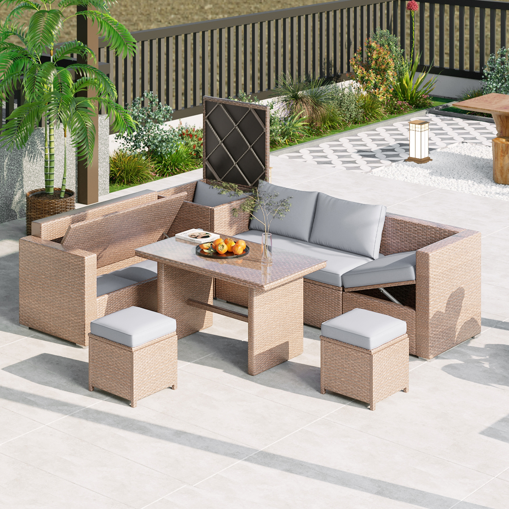 TOPMAX Outdoor 6-Piece All Weather PE Rattan Sofa Set, Garden Patio Wicker Sectional Furniture Set with Adjustable Seat, Storage Box, Removable Covers and Tempered Glass Top Table, Light Grey