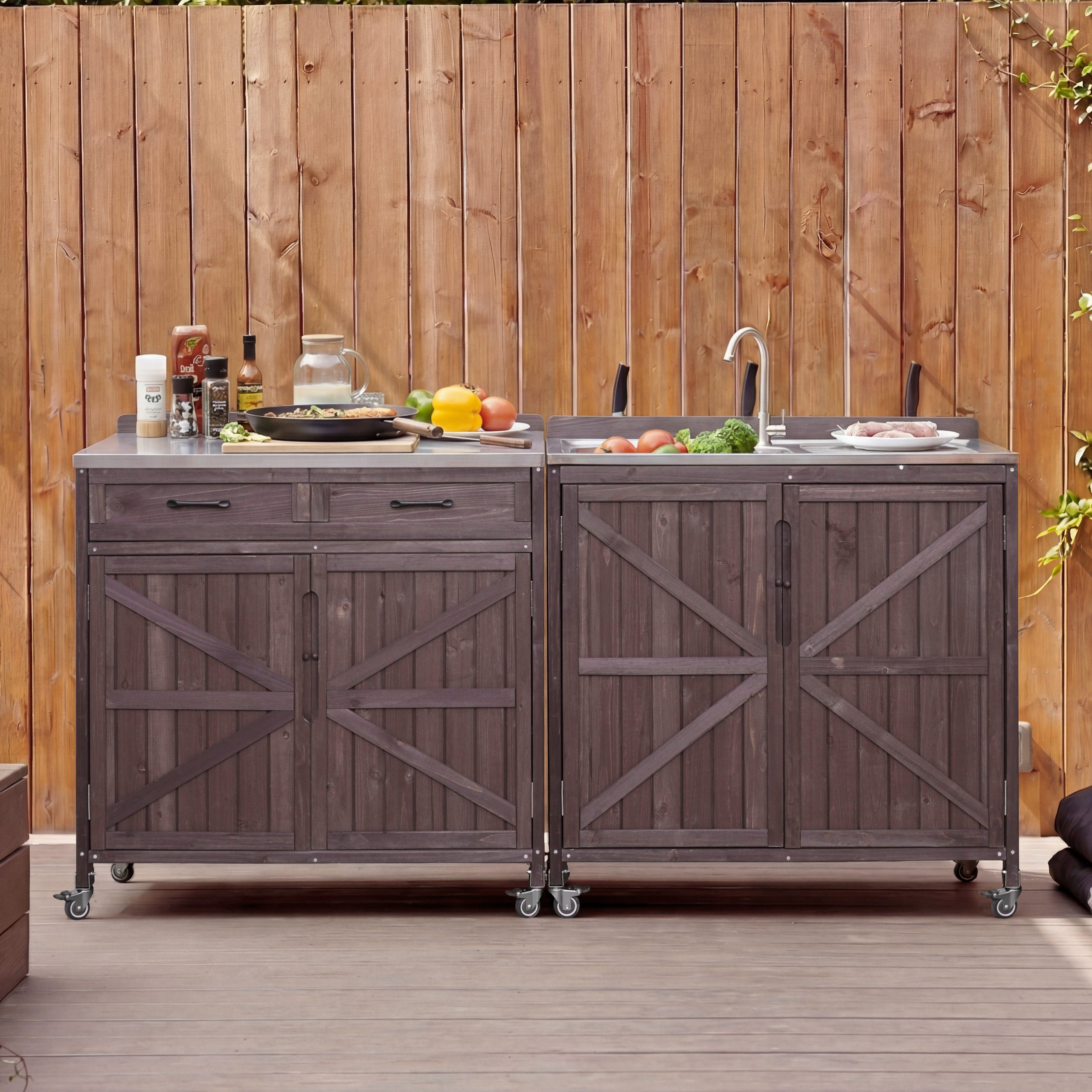 K&K Outdoor Kitchen Island Series – 2 Piece Modular Solid Wood Set, 304 Sink Stainless Steel Station w/ Faucet, Drawer, 2 Door Shelves, Outdoor Storage Cabinet w/ Wheels for Backyard, Patio, Dark Brow