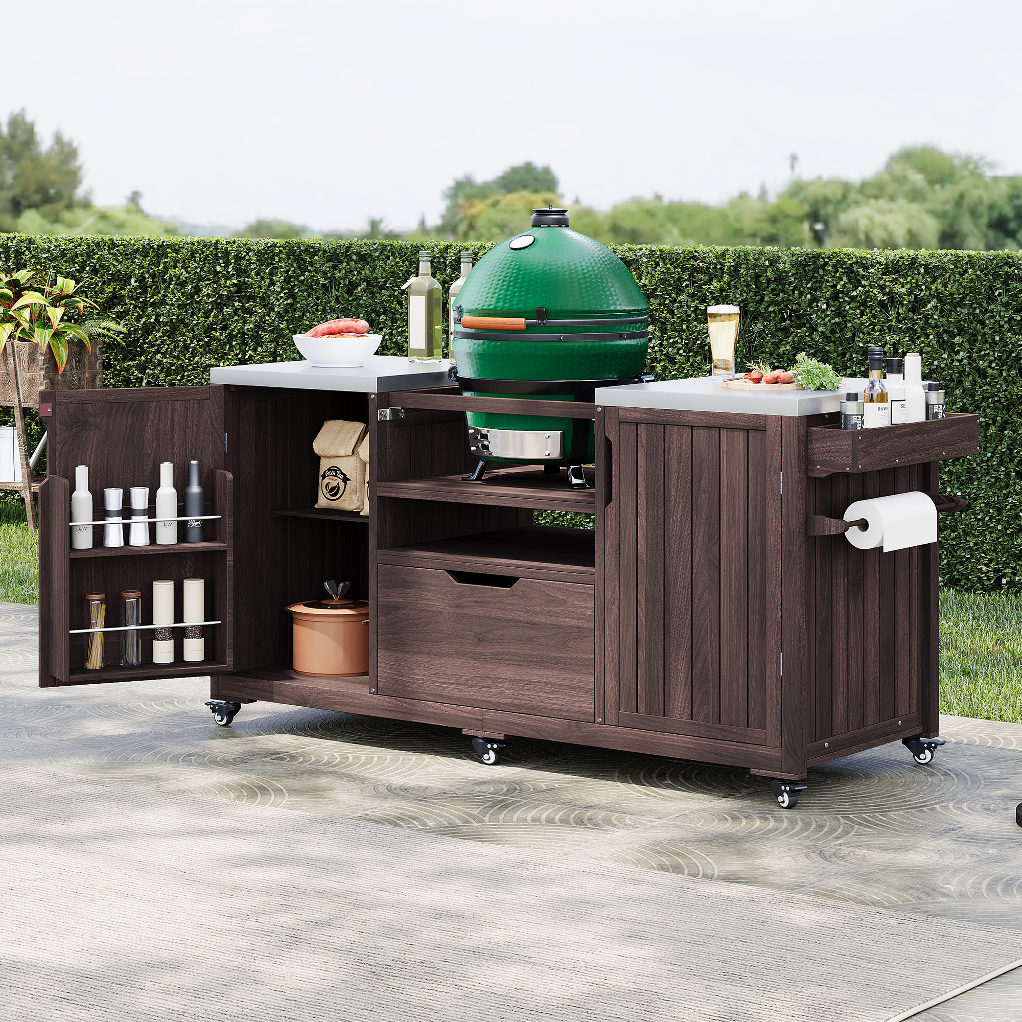 K&K 66.5″ Outdoor Kitchen Island for Big Green Egg Grills, Solid Wood Outdoor Grill Cart for Tabletop Grill with Stainless Steel Top, Drawer, Compatible with Large Big Green Egg, Kamado Joe-Dark Brown