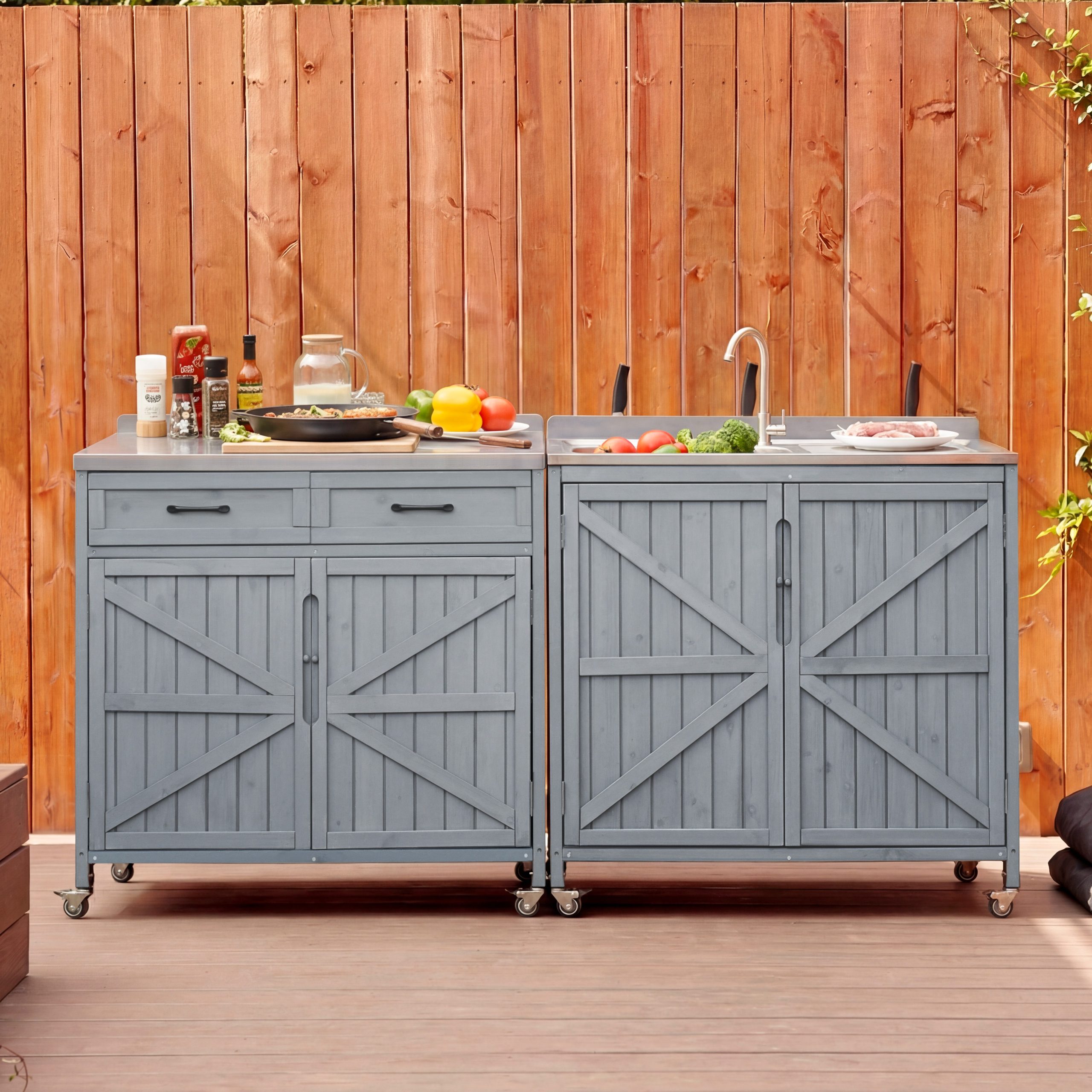 K&K Outdoor Kitchen Island Series – 2 Piece Modular Solid Wood Set, 304 Sink Stainless Steel Station w/ Faucet, Drawer, 2 Door Shelves, Outdoor Storage Cabinet w/ Wheels for Backyard, Patio, Grey Blue