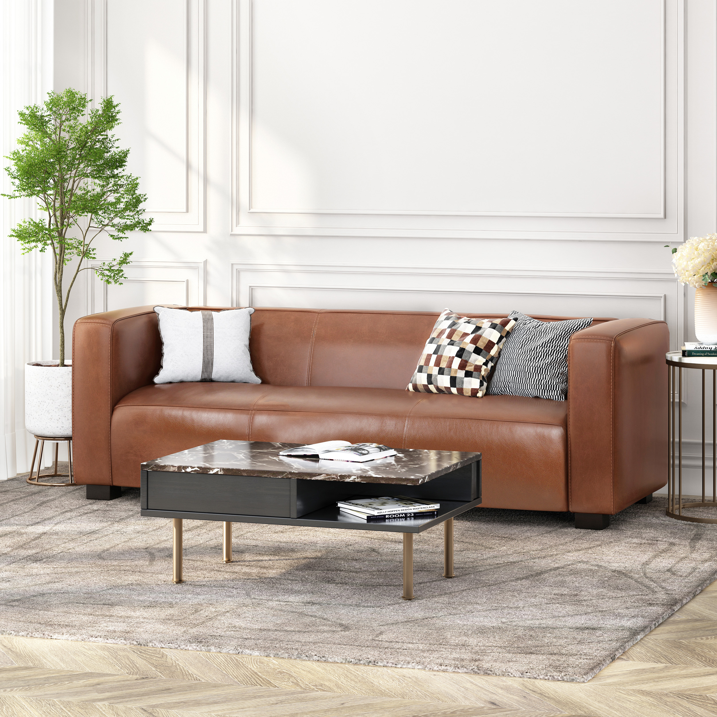 Light Brown Leather Sofa – Modern 3-Seater Living Room Couch with Plush Comfort, 80.25″ Wide – Elegant Home Furniture