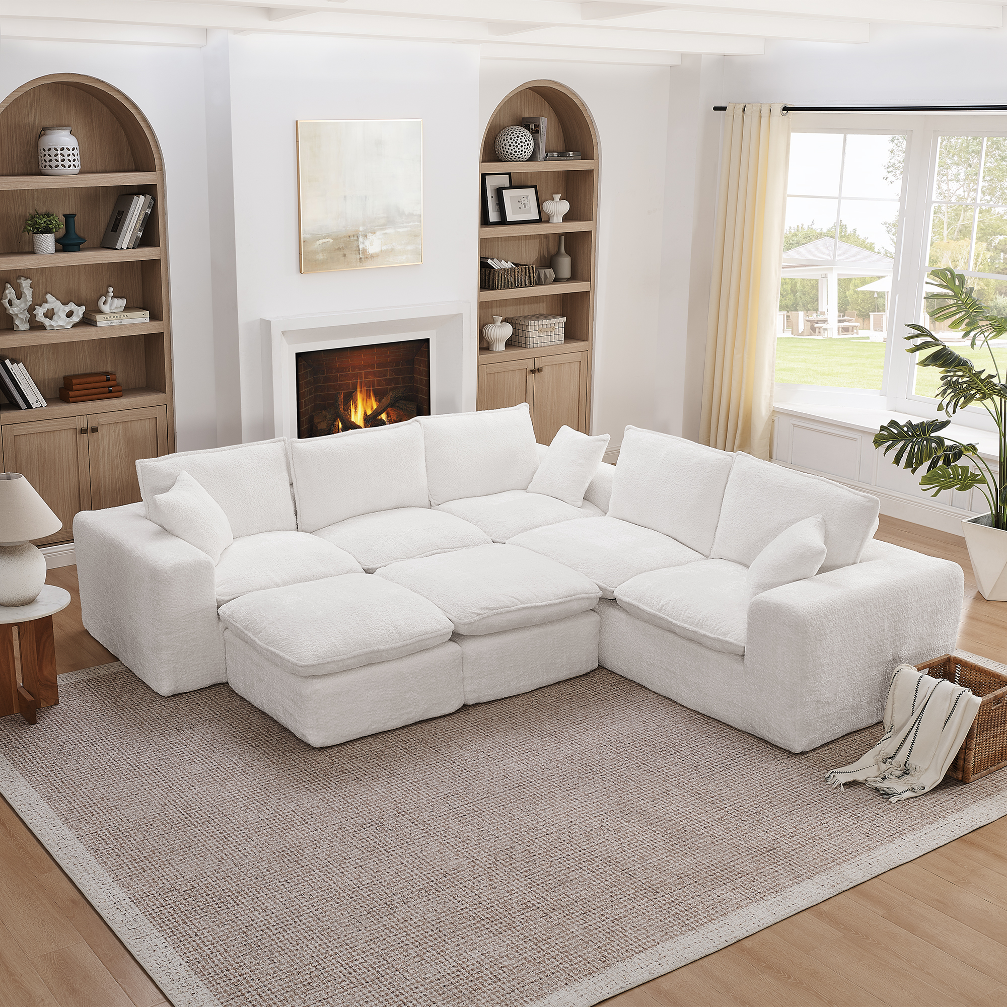 107” Modern Boucle L-shaped Sectional Sofa with Two Moveable Ottomans for Living Room, Comfy Cloud Couch with Pillows, DIY Combination
