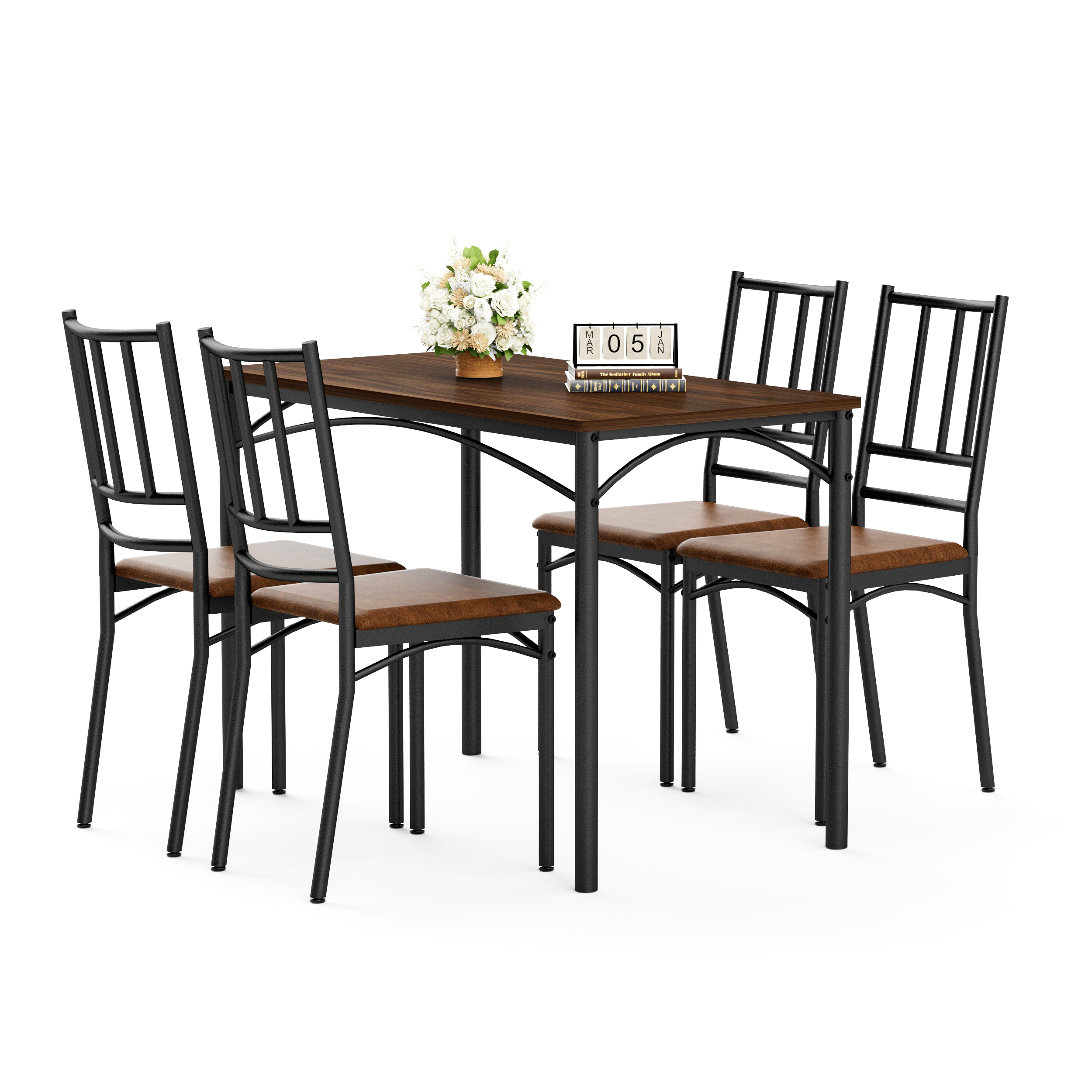 Dining Table Set, Bar Table with 4 Dining Benches, Kitchen Table Counter with Chairs, Industrial for Kitchen Breakfast Table, Living Room, Party Room, Walnut, 43.3″L x23.6″W x 30.1″H
