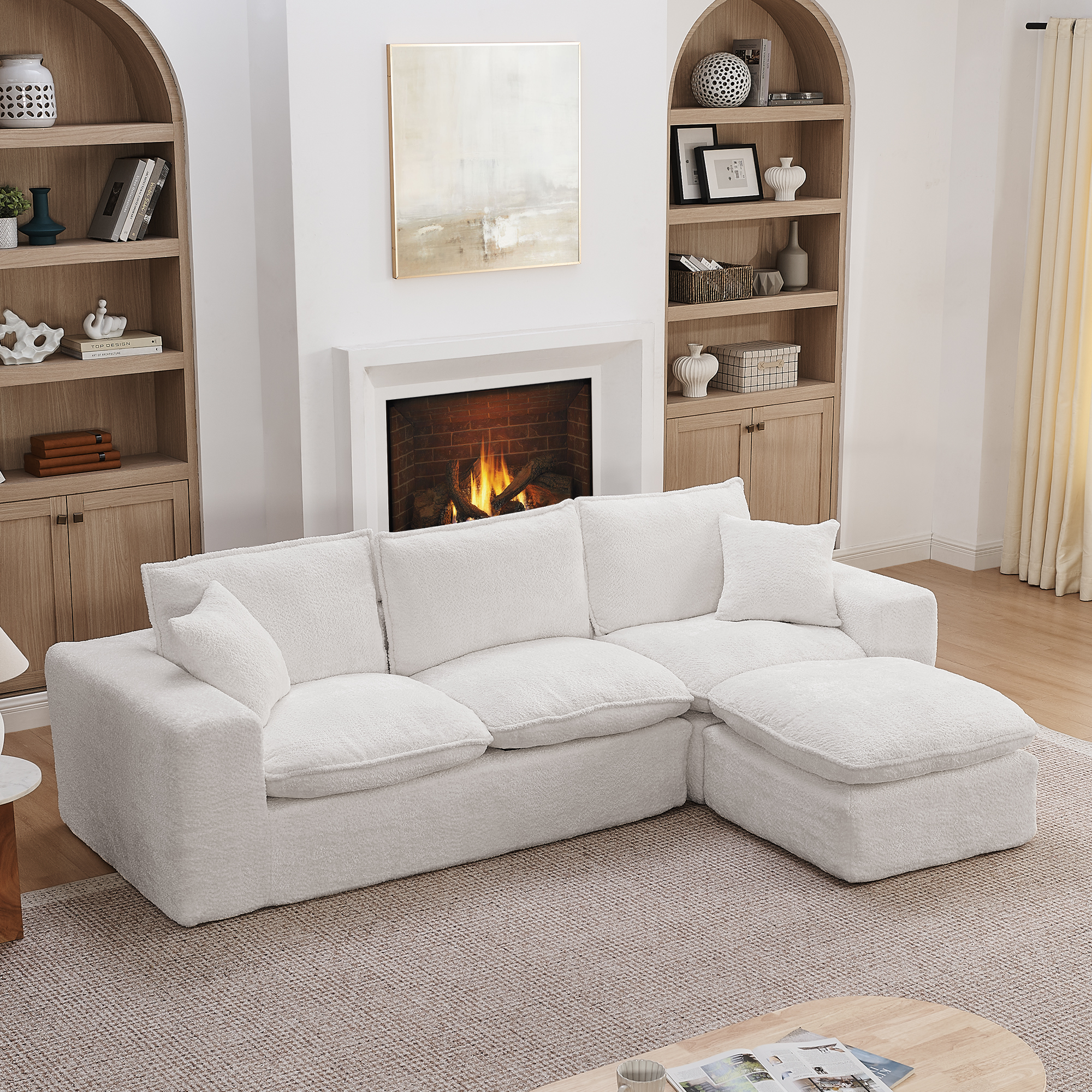 107” Modern Boucle L-shaped Sectional Sofa with Moveable Ottoman for Living Room, Comfy Cloud Couch with Pillows, DIY Combination