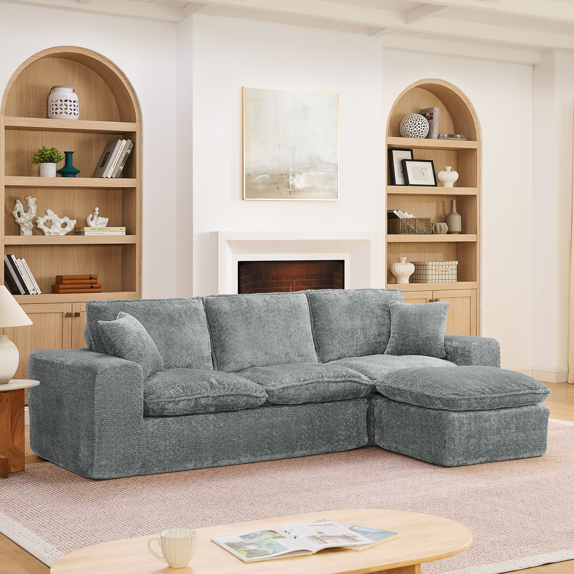 107” Modern Boucle Sectional Sofa with Reversible Chaise for Living Room, Comfy Cloud Couch with Pillows