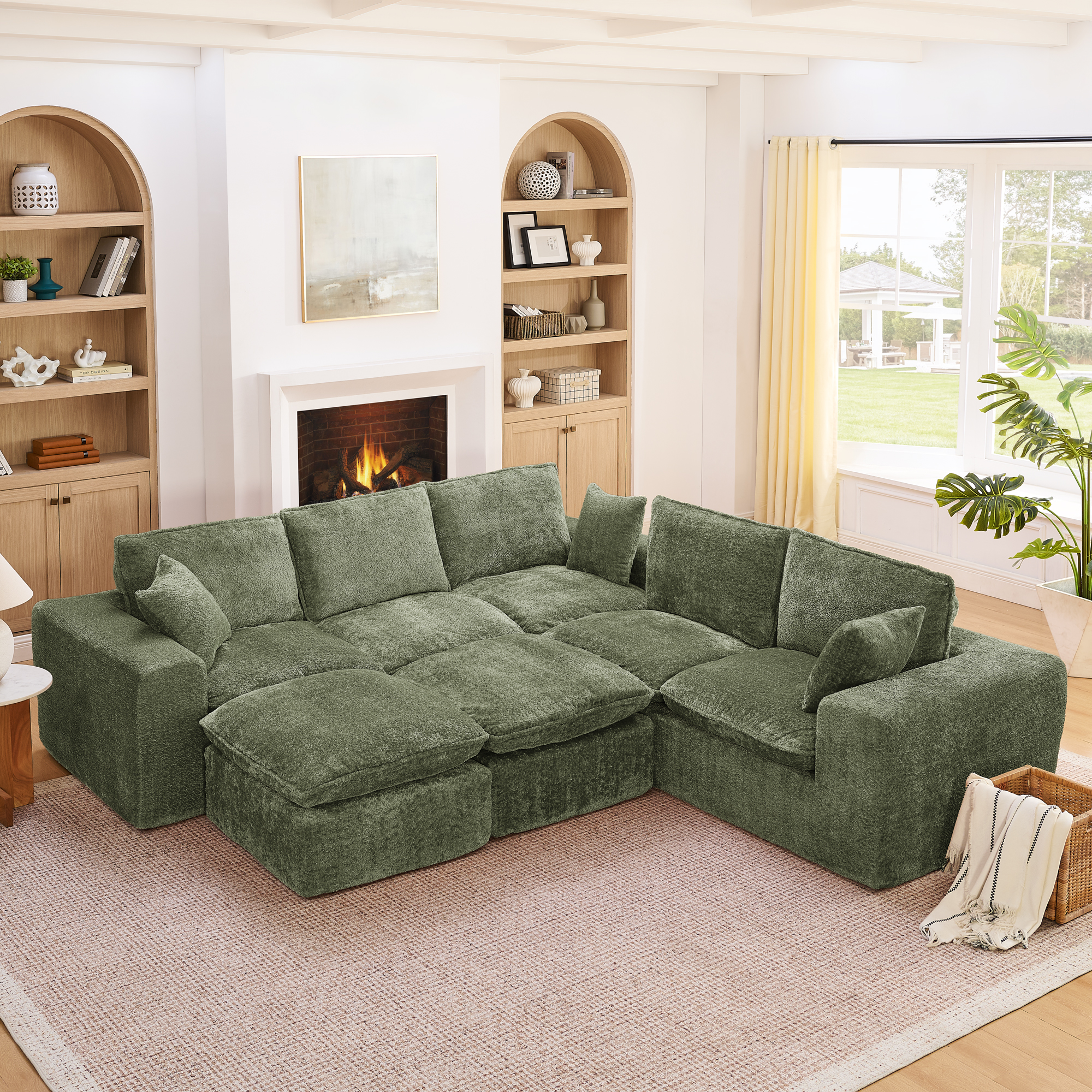 107” Modern Boucle L-shaped Sectional Sofa with Two Moveable Ottomans for Living Room, Comfy Cloud Couch with Pillows, DIY Combination