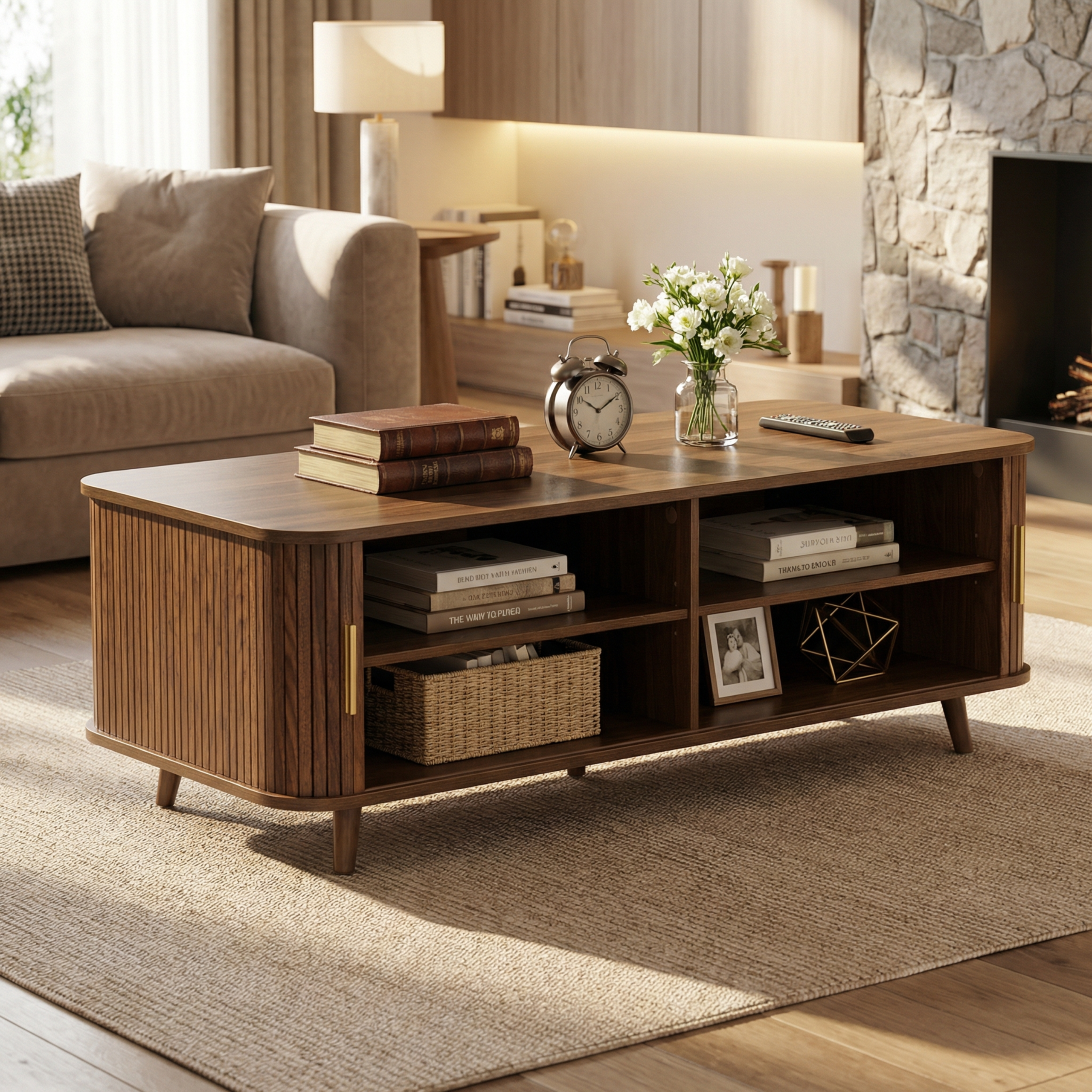 Modern Mid-Century Coffee Table with Storage: Walnut Wood Finish, 4 Open Shelves & 2 Doors, For Living Room, Entertainment Center, Home Theater