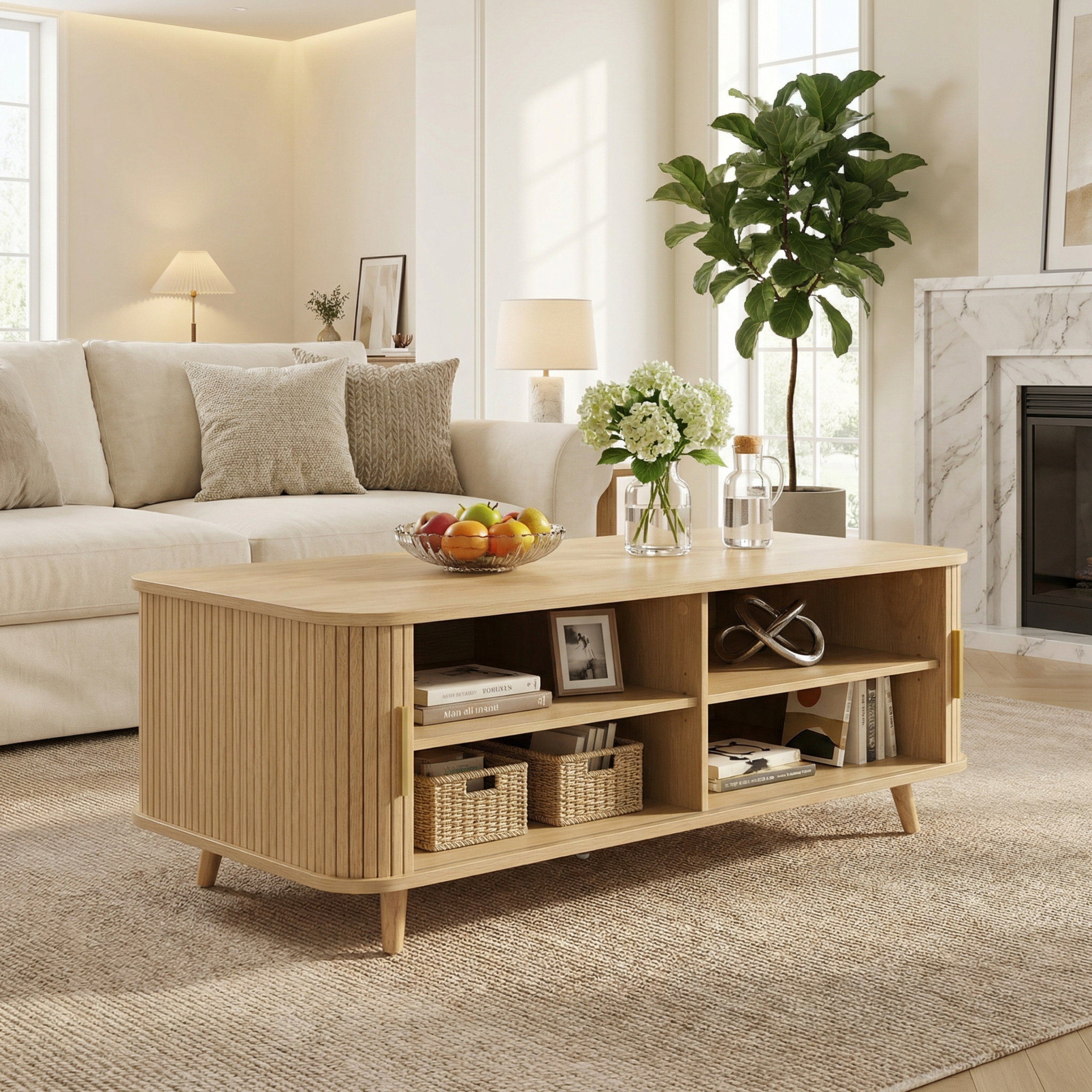 Modern Mid-Century Coffee Table with Storage: Natural Wood Finish, 4 Open Shelves & 2 Doors, For Living Room, Entertainment Center, Home Theater