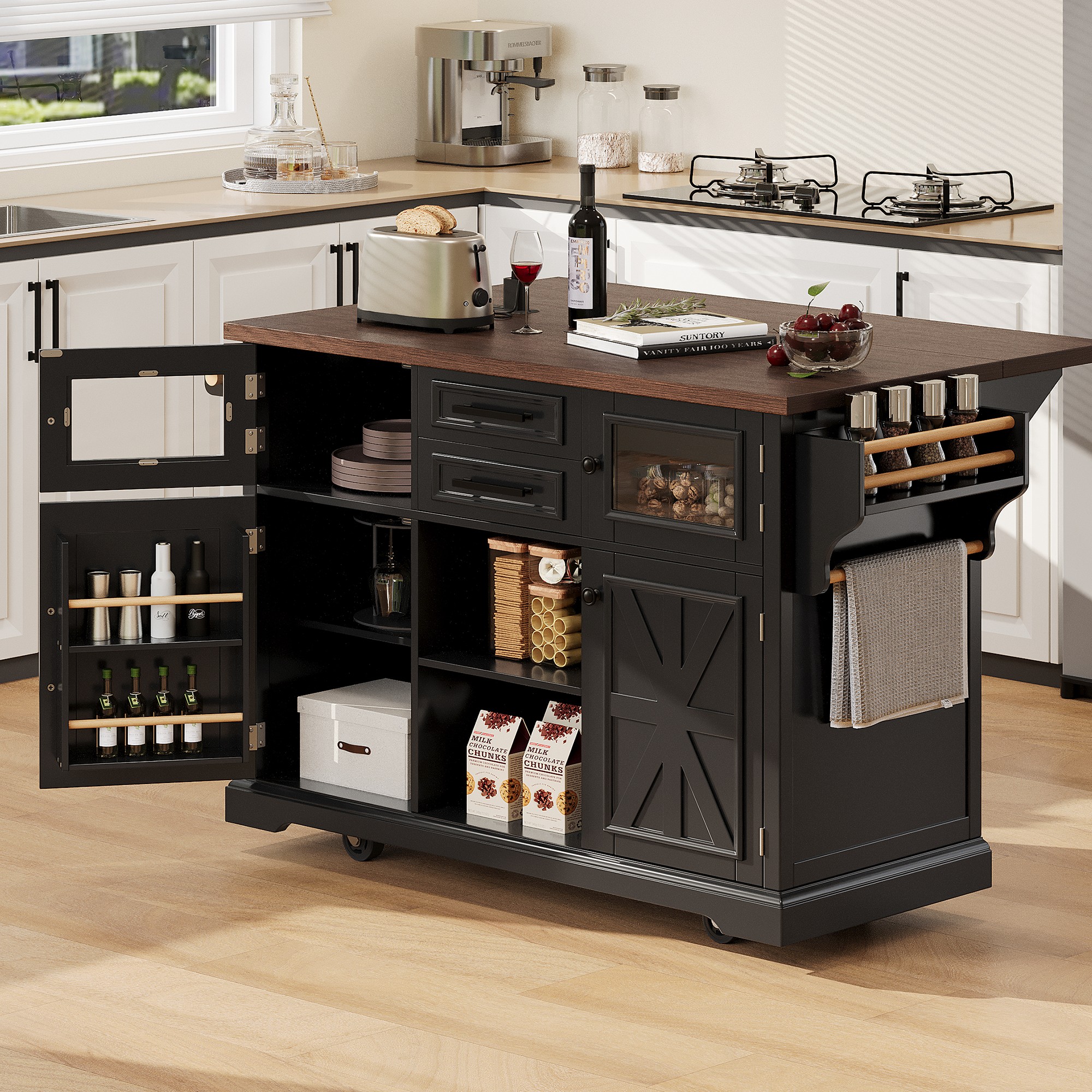 K&K 54.9″ Kitchen Island with Drop Leaf, Power Outlet, Kitchen Storage Cart with 4 Door Shelves, Cross Barn Doors & Visual Glass Door, Rolling Kitchen Island on 4 Wheels for Kitchen, Dining Room,Black