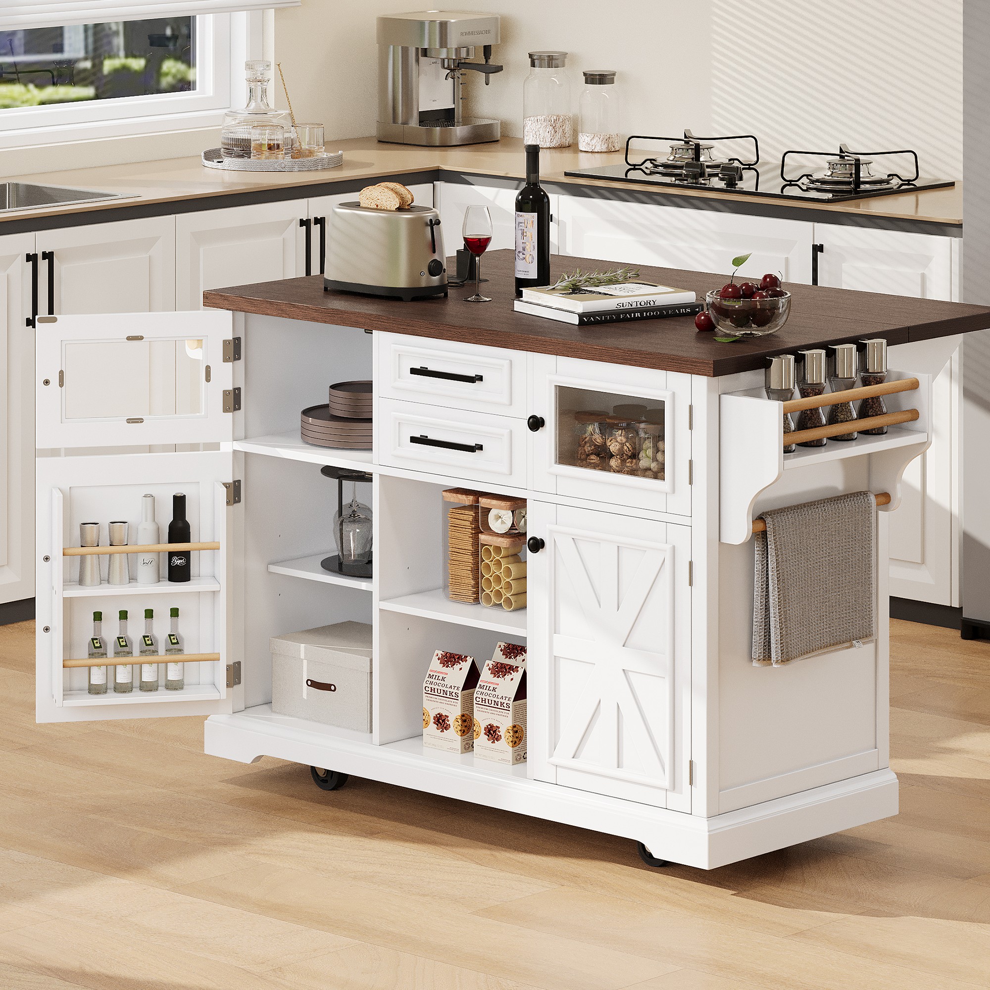 K&K 54.9″ Kitchen Island with Drop Leaf, Power Outlet, Kitchen Storage Cart with 4 Door Shelves, Cross Barn Doors & Visual Glass Door, Rolling Kitchen Island on 4 Wheels for Kitchen, Dining Room,White