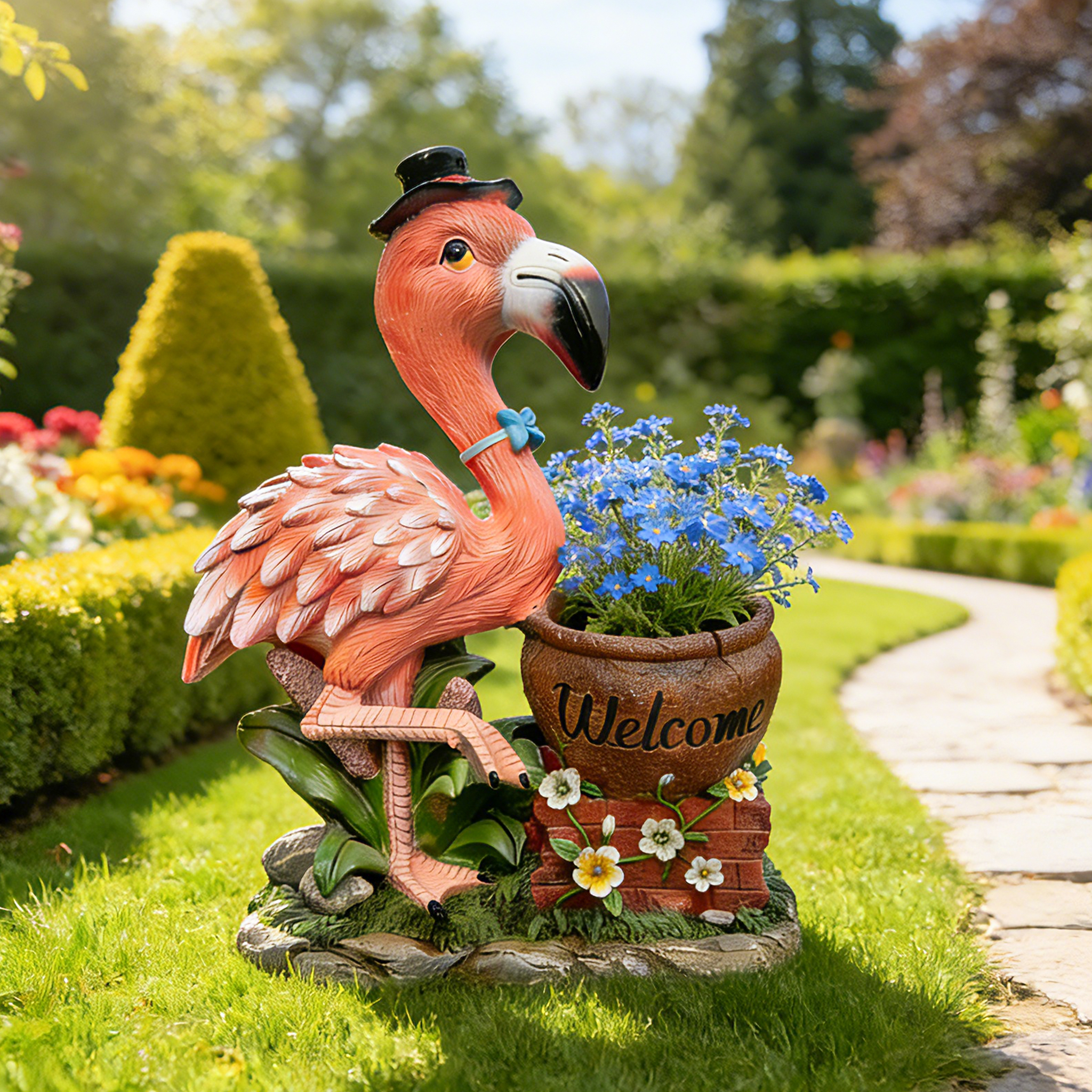Outdoor Garden Sculpture Flamingo Flower Pot Planter – Unique Yard Statue Decoration, Interesting Law Outdoor Ornament