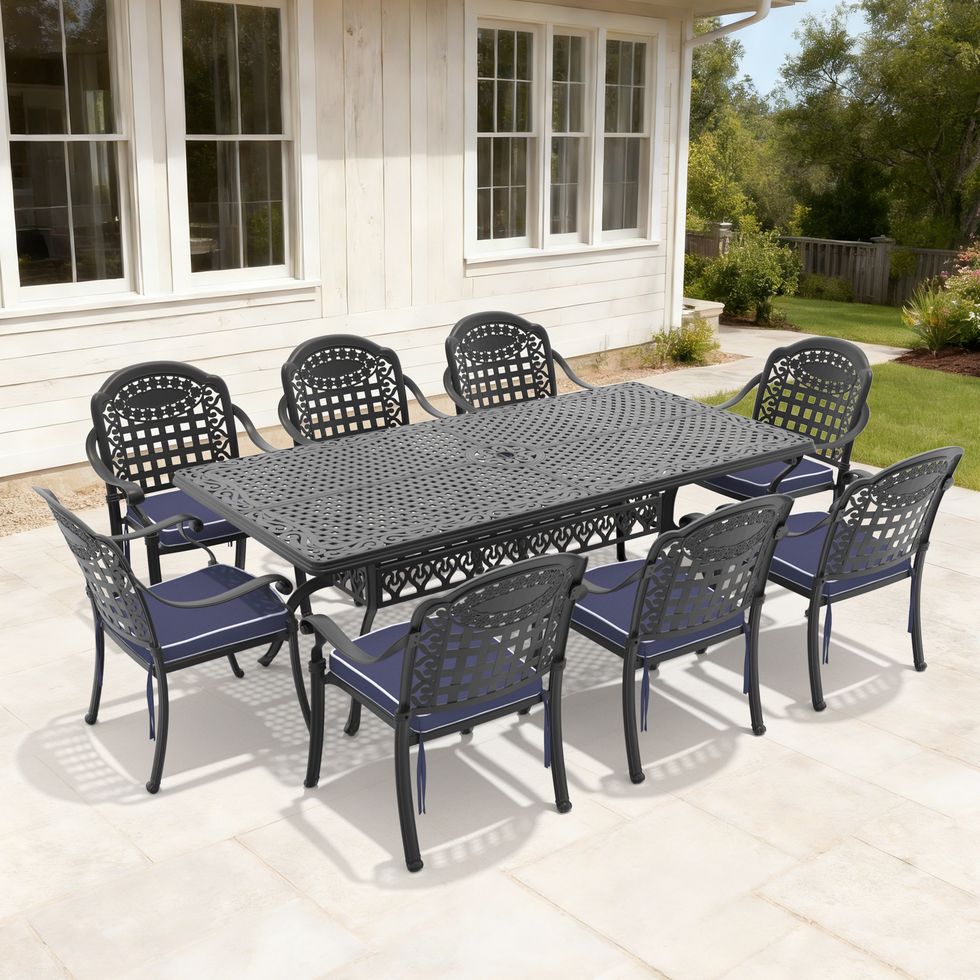 9-Piece Set Of Cast Aluminum Patio Furniture With Black Frame and Blue Seat Cushions
