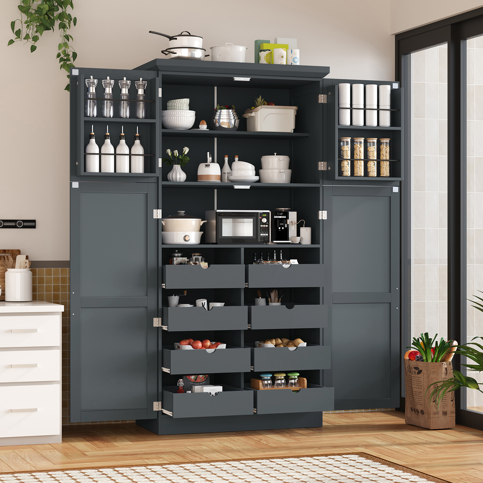 [Assembly Video Provided] TOPMAX 35.5×17.6×70.9inch Freestanding Kitchen Pantry Cabinet, Tall Storage Cabinet with 4 Doors, 2 Door Shelves, 8 Pull-out Trays and Adjustable Shelf for Dining Room, Gray