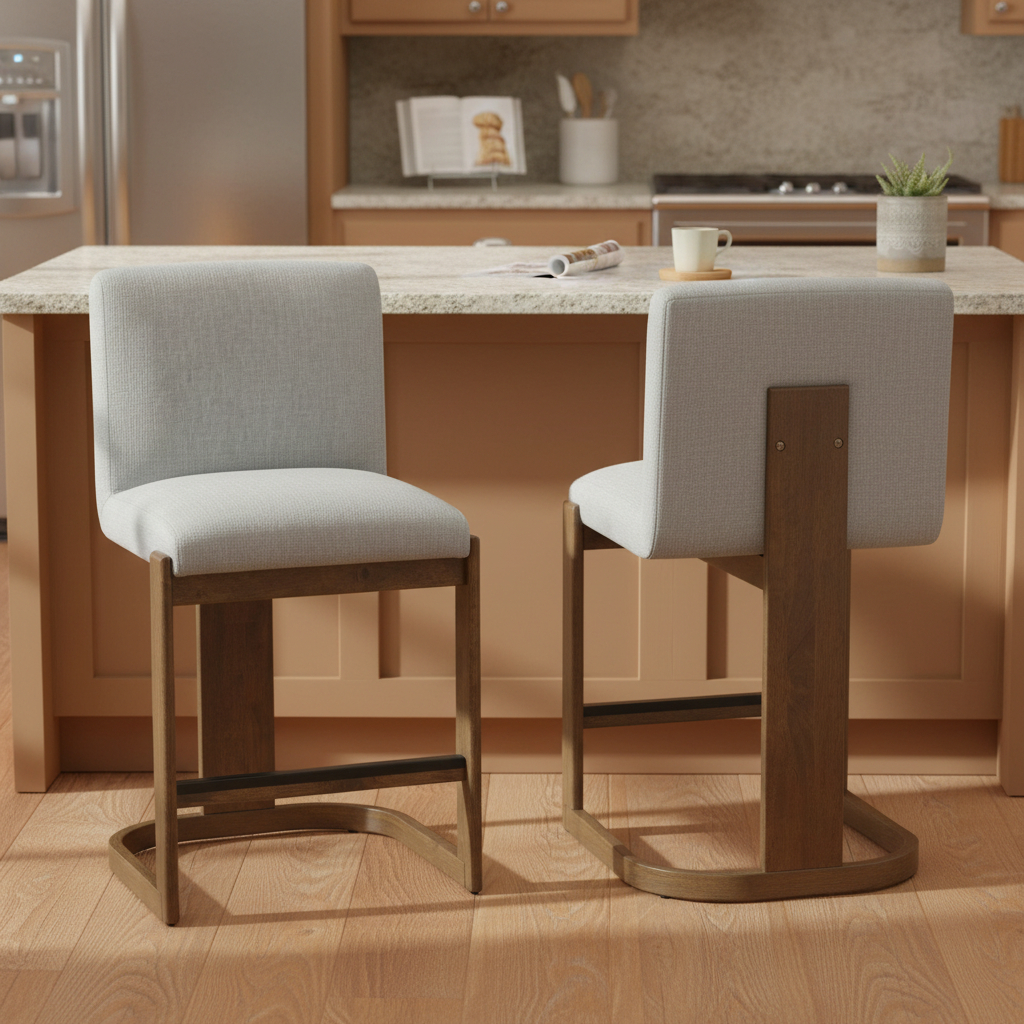Modern Bar Stools Set of 2, 24″ Solid Wood Counter Height Barstools, Linen Upholstered Kitchen Island Chair With Walnut-Finished Wood Legs for Home Bar Coffee Shop,Light Grey