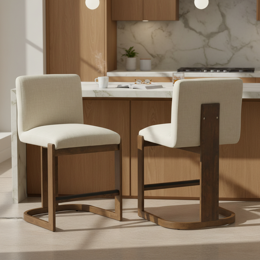 Modern Bar Stools Set of 2, 24″ Solid Wood Counter Height Barstools, Linen Upholstered Kitchen Island Chair With Walnut-Finished Wood Legs for Home Bar Coffee Shop,Beige